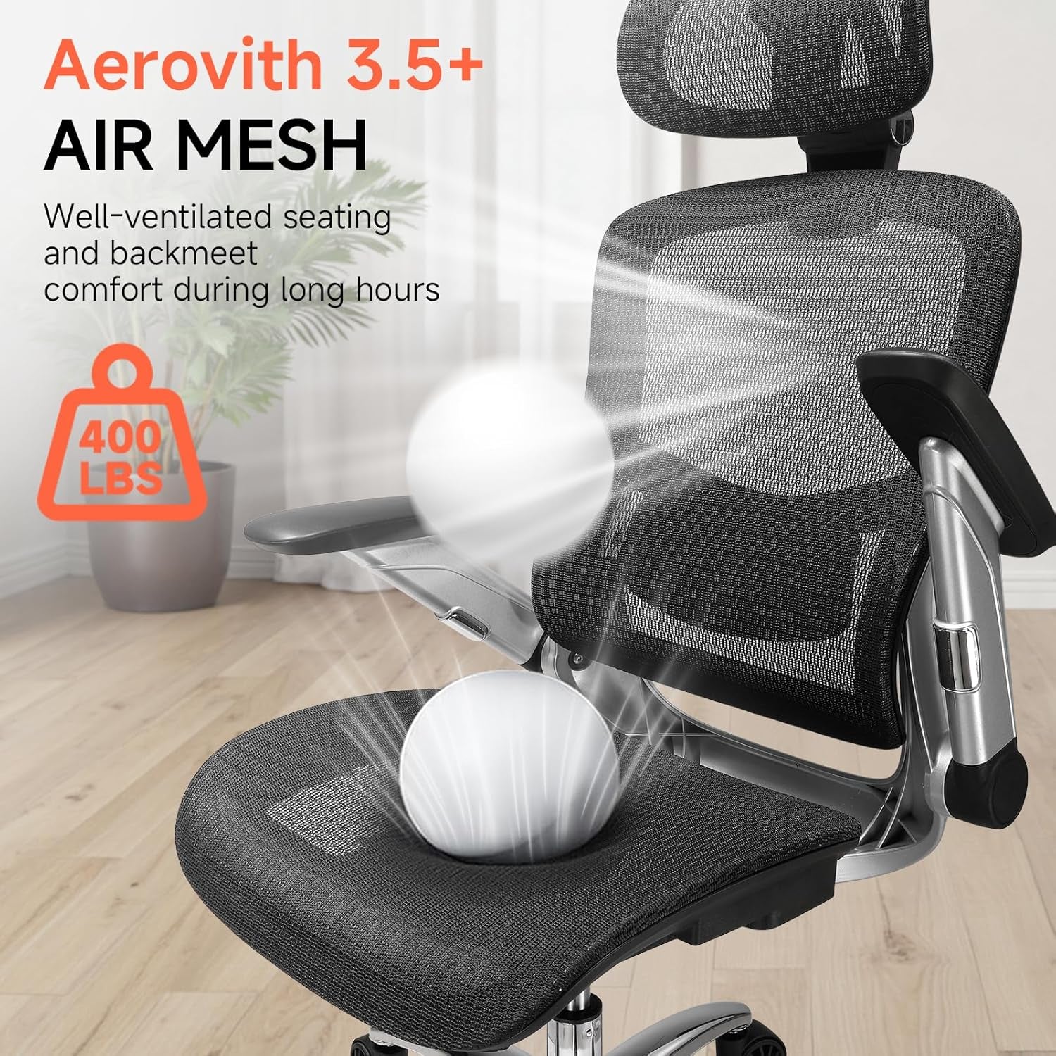 Big and Tall Ergonomic Mesh Office Chair, High Back Home Desk Chair Computer Gaming Chair with Headrest, Flip-Up Arms, 90-125° Tilt Lock and Wide Cushion, Task Chair for Man Woman- Black