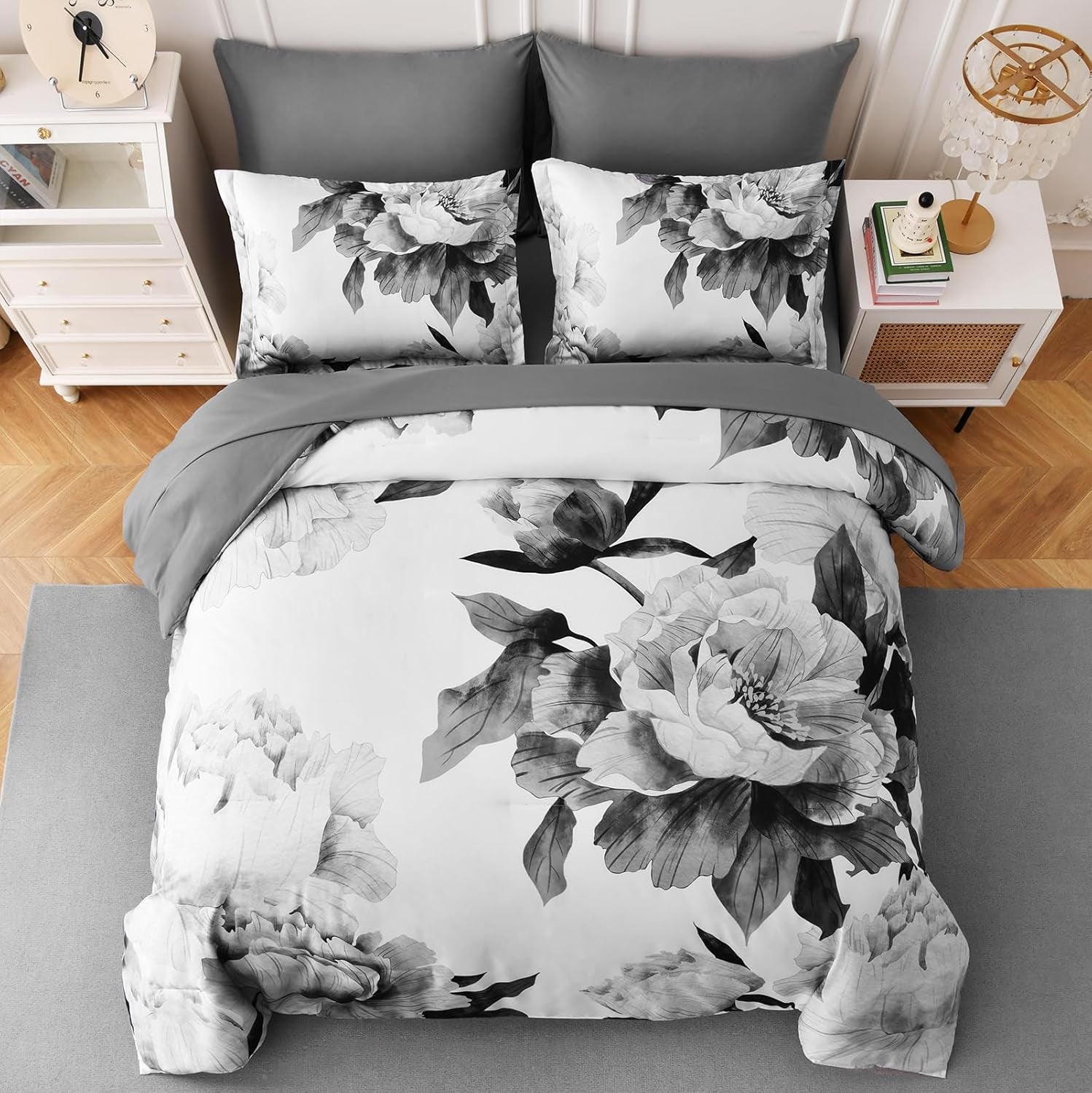 Grey Queen Comforter Set 7 Piece Bed in a Bag, Gray Floral Printed on White Comforter Set with Sheets, Soft Microfiber Botanical Farmhouse Bedding Set for All Season