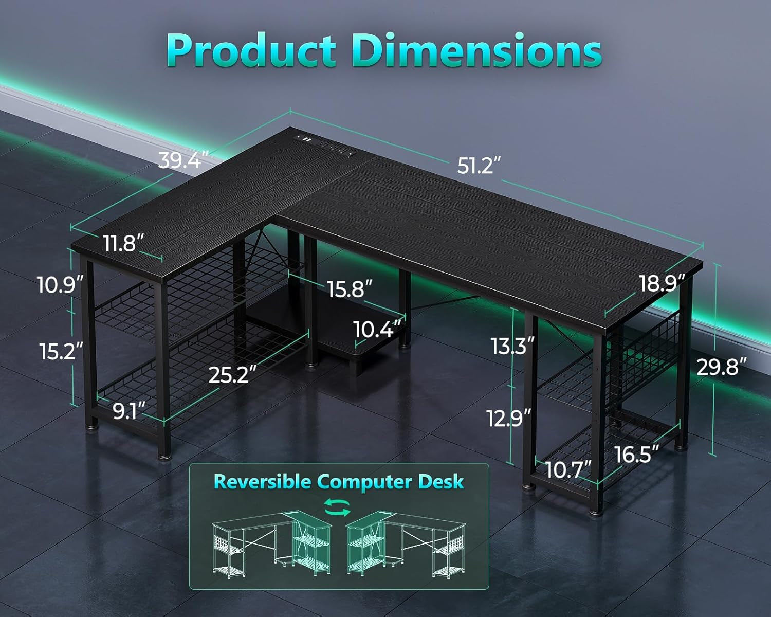 51 Inch L Shaped Gaming Desk with Shelves & Power Outlets, Reversible Computer Desk with Storage Shelves for Home Office, Black