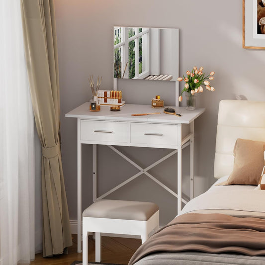 Small Vanity Desk with Mirror and Drawers, White Makeup Vanity Table with Storage, Compact Vanity for Bedroom, Modern Makeup Desk for Girls, Space-Saving Vanity Table