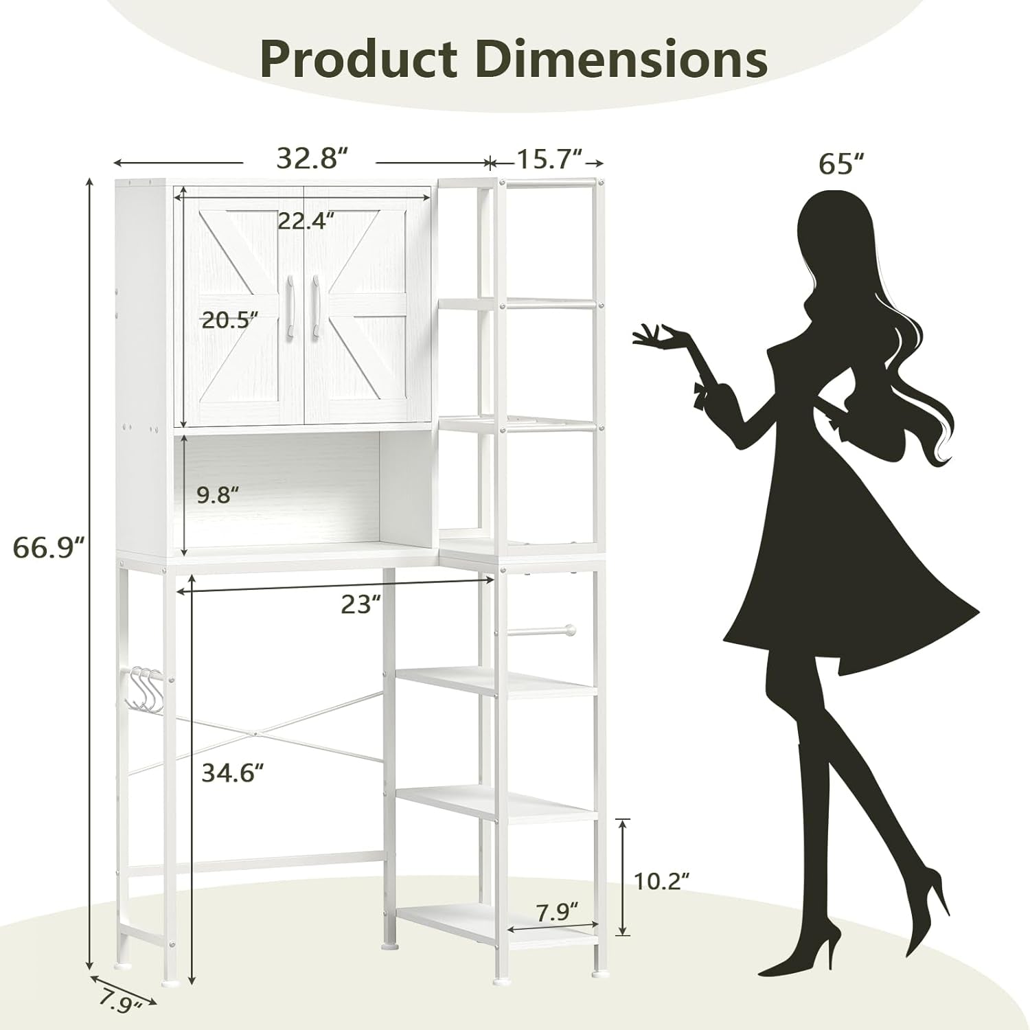 over the Toilet Storage Cabinet with Doors, 7 Tier over Toilet Bathroom Organizer with Adjustable Shelf, Freestanding Space Saver Toilet Rack with Paper Holder for Restroom, Laundry, White