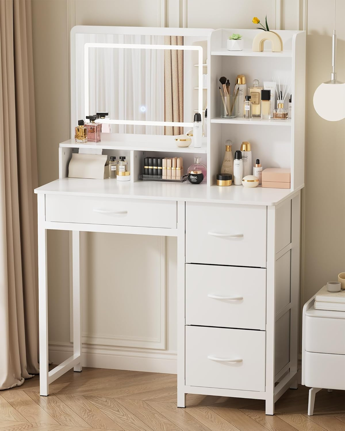 Vanity Desk with Mirror and Lights - Large Capacity Makeup Vanity with 4 Fabric Storage Drawers & 3 Lighting Modes, Vanity Table Set with Sturdy Metal Frame for Bedroom, White, 35" X 17" X 52"