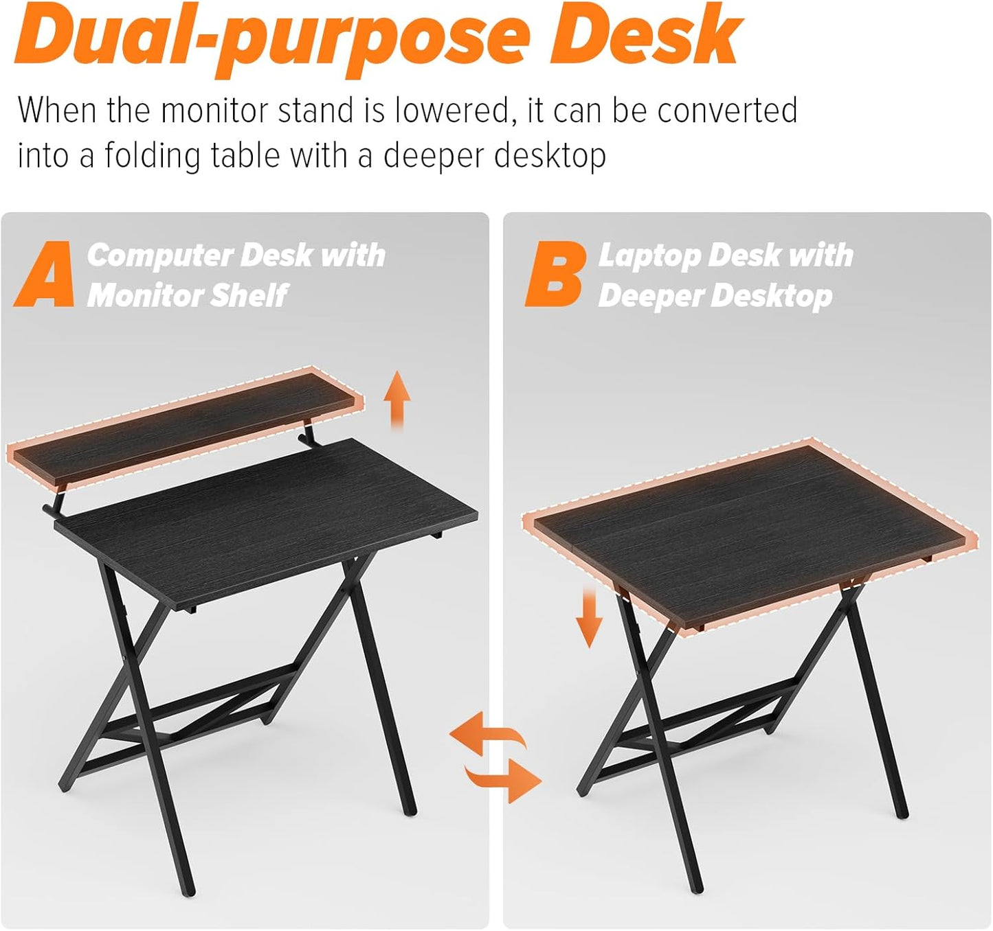 Folding Computer Desk with Adjustable Height, 23.6" X 31.5" X 25.6" Foldable Table with Monitor Stand, Small Office Desk for Bedroom, Space Saving Desk for Home Office, Easy Assemble, Black