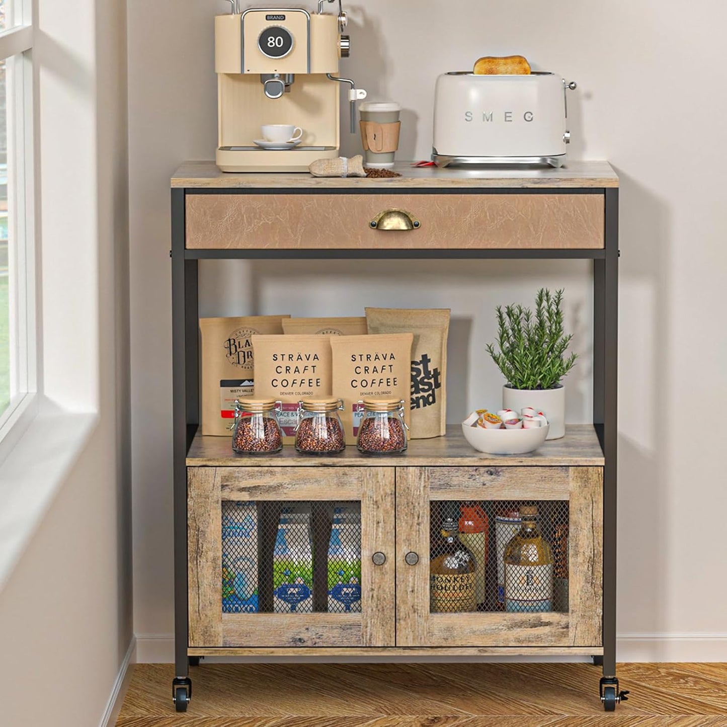 Large Coffee Bar Cabinet，3 Tiers Kitchen Coffee Cart with Drawer for the Home, Movable Farmhouse Station Table on Wheels for Living Room, Entryway, Dining Room, Kitchen