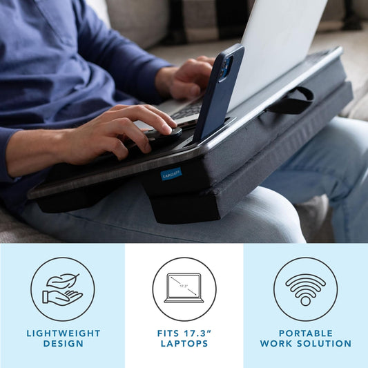 Extra Large Adjustable Lap Desk – Fits Laptops up to 17.3”, Adjustable Cushion, Memory Foam Wrist Rest, Mouse Pad, Device Ledge, & Phone Slot – Black Carbon - Style No. 88108