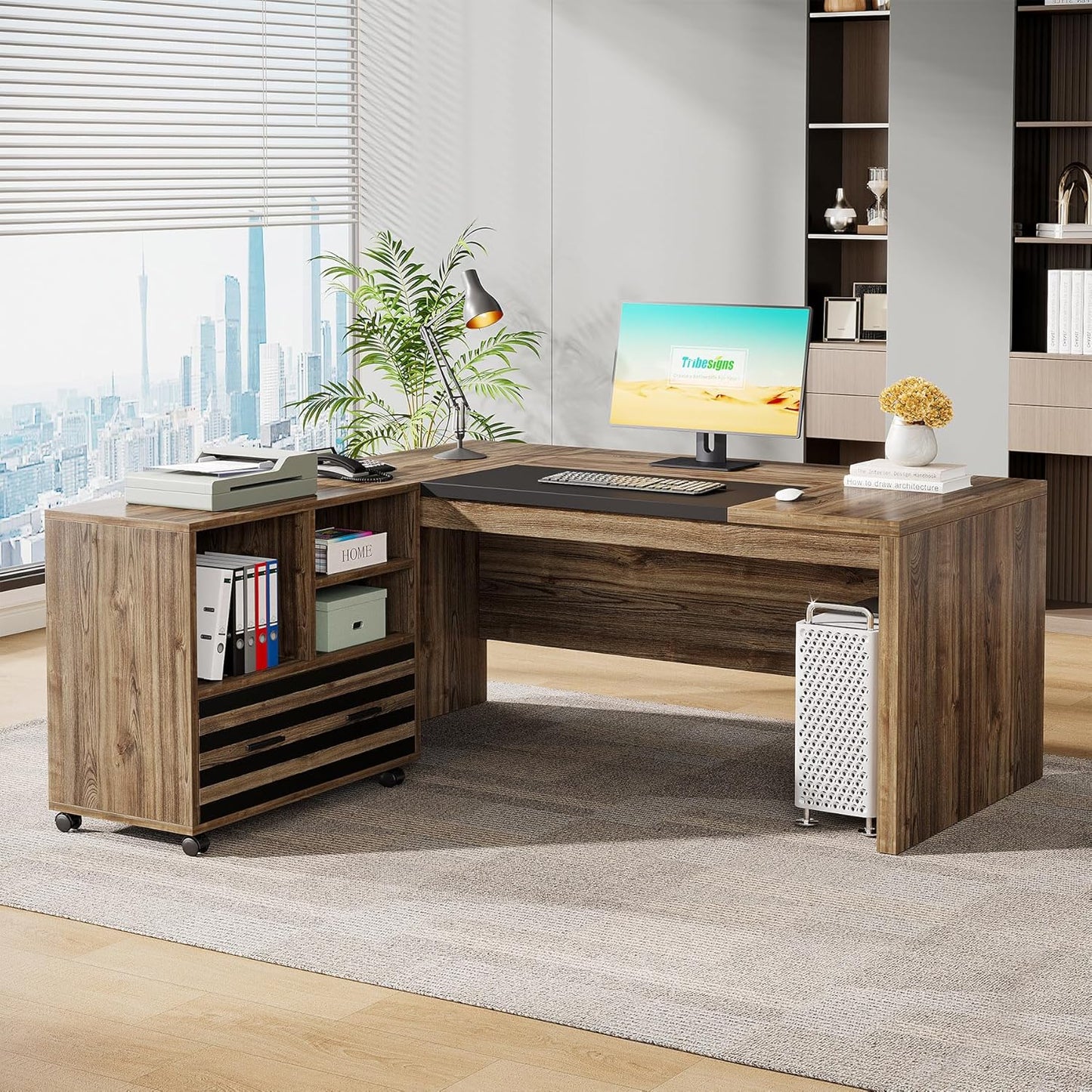 62.2" Executive Desk with Mobile File Cabinet, L-Shaped Office Desk with Storage Shelves, Large Computer Desk Business Workstation Set for Home Office, Light Brown