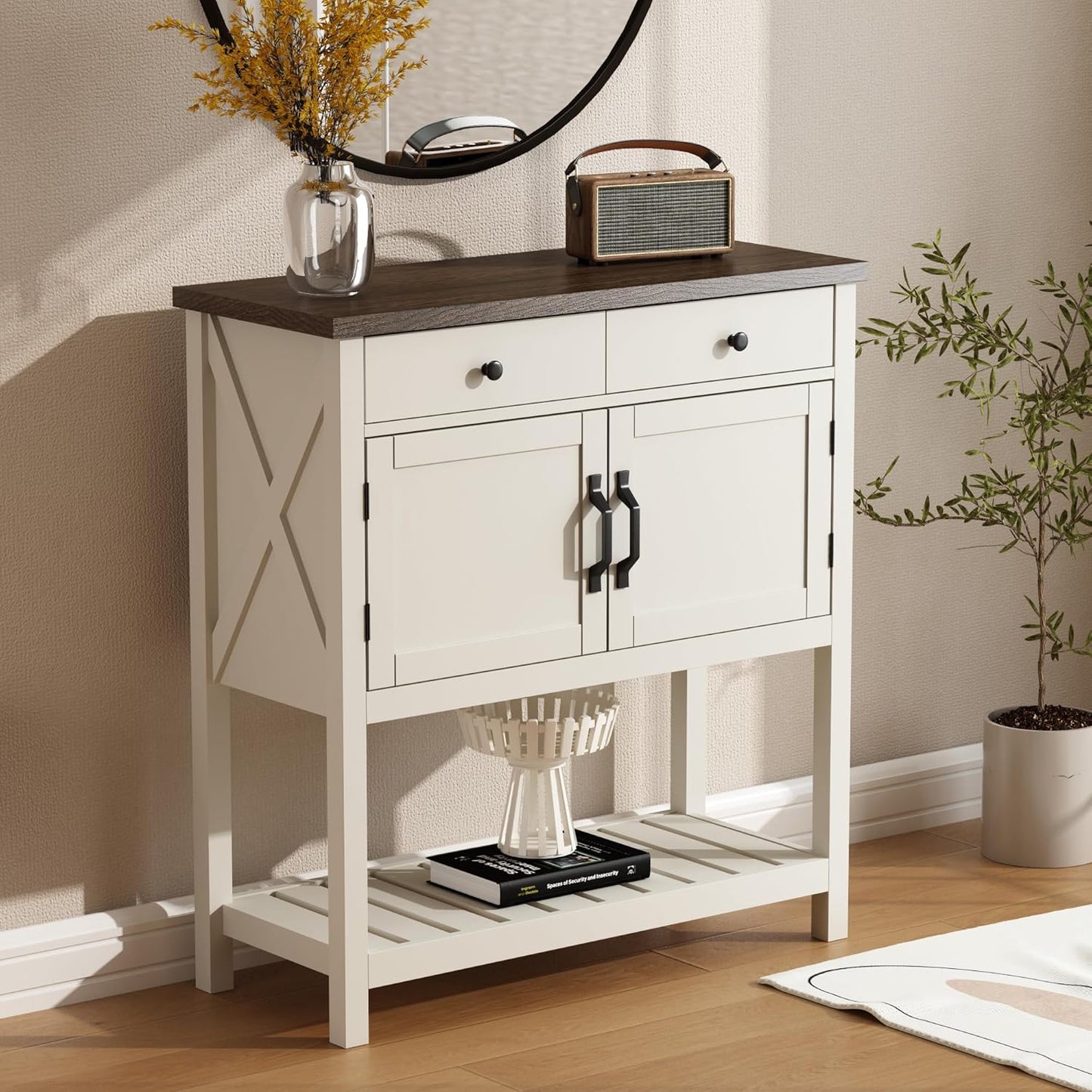 Farmhouse Console Table, Entryway Table with Storage Shelf, Coffee Bar Cabinet, Narrow Buffet Sideboard for Kitchen, Hallway, Living Room, White
