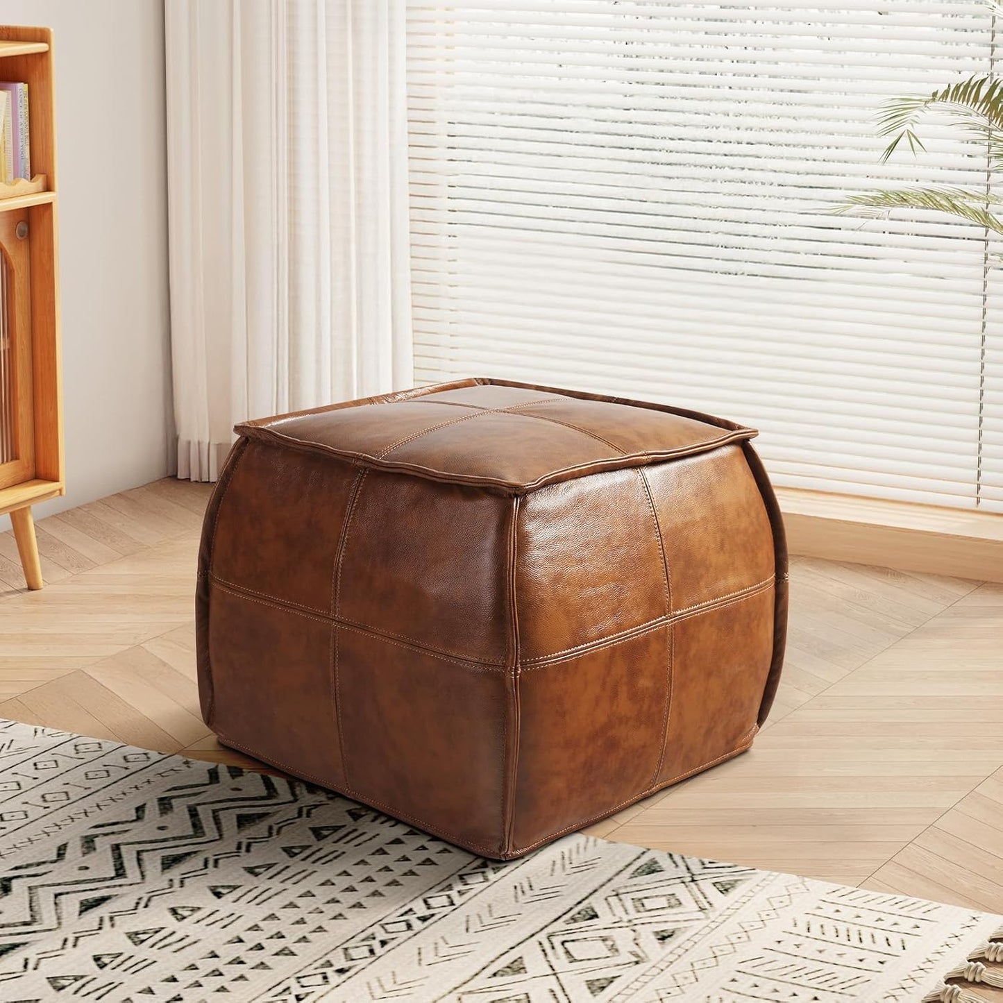 Leather Ottoman,Handmade Stuffed Square Ottoman,Genuine Leather Pouf, Foot Rest Pouf,Comfortable Soft Seating for Living Room & Bedroom (Brown, Square)