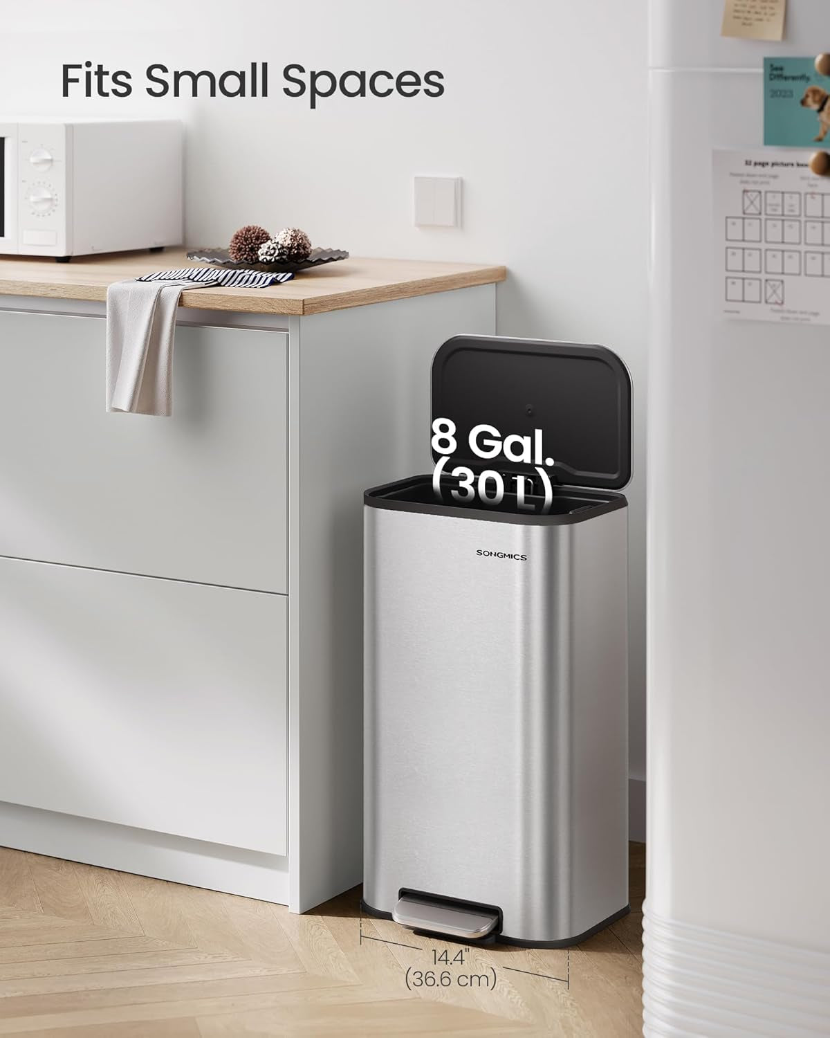 Kitchen Trash Can, 8-Gallon (30 L) Garbage Can with Lid, Stainless Steel, Soft Close and Stays Open, Inner Bucket, Wide Non-Slip Pedal, Metallic Silver ULTB546E01