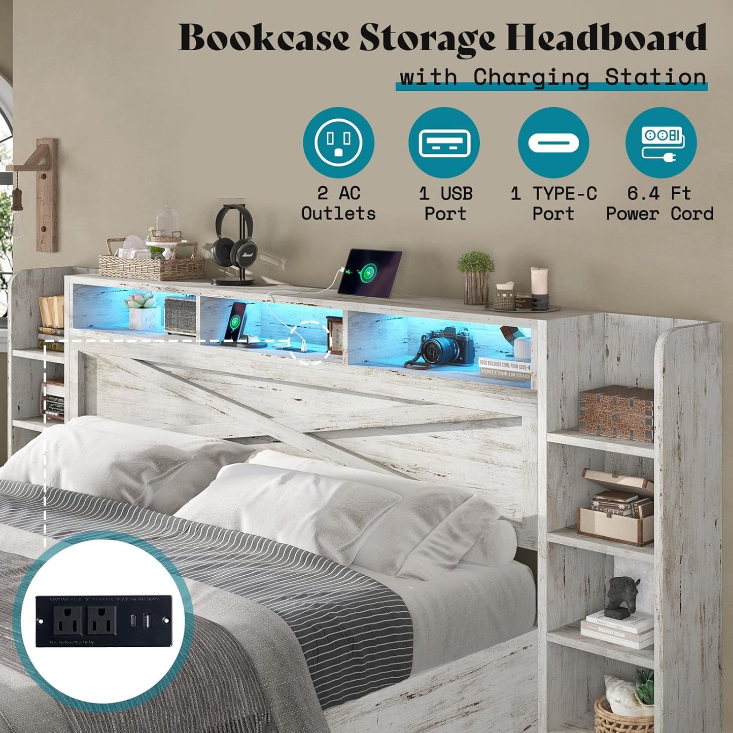 King Size Lift up Storage Bed Frame, 45.1" LED Bed Frame with 2 Side Shelves & Bookcase Headboard, Farmhouse Wood Platform Bed with Charging Station, No Box Spring Needed, Distressed White