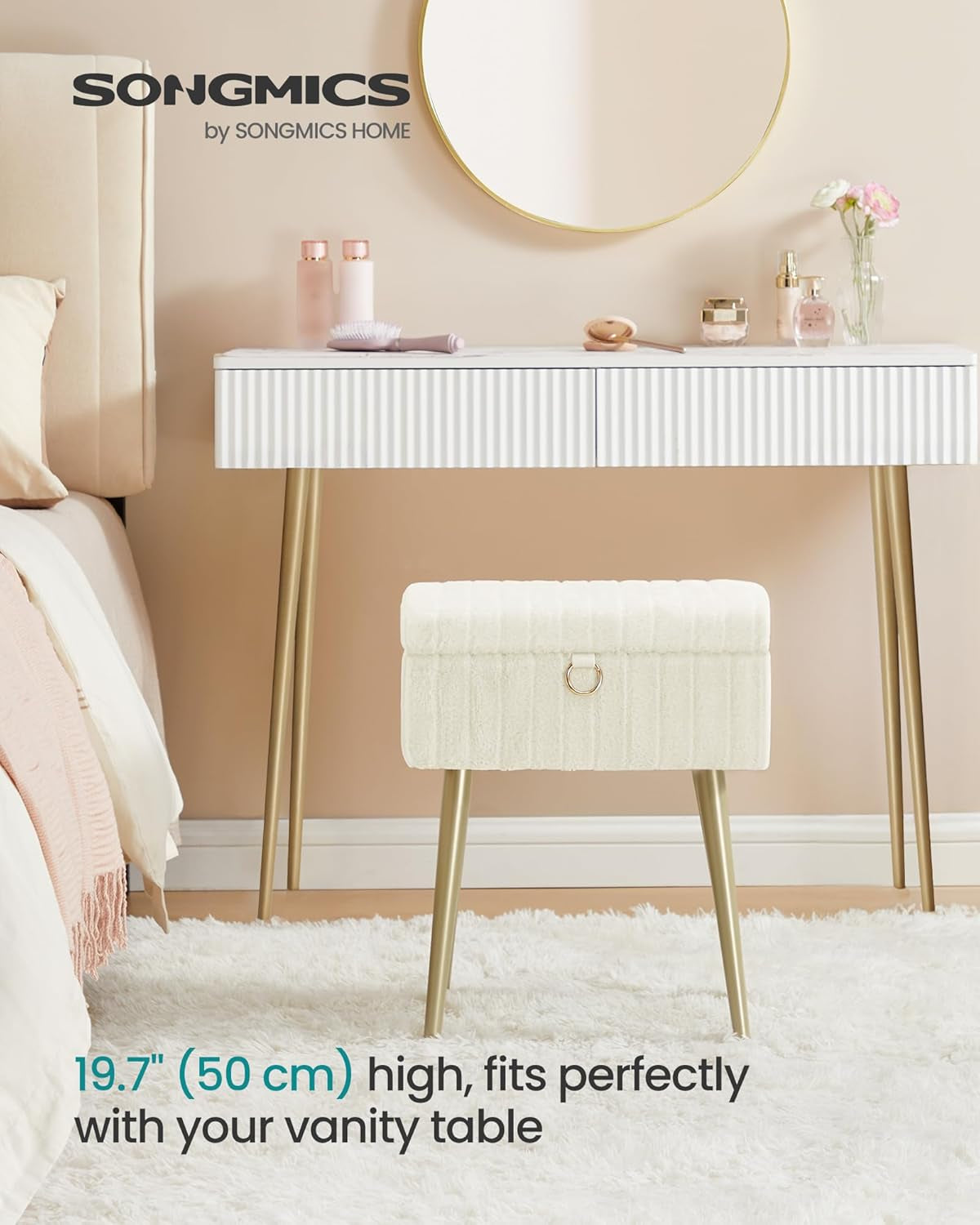 Vanity Stool Chair with Storage, Makeup Stool, Footrest Footstool Ottoman, Metal Legs, Adjustable Feet, for Living Room, Bedroom, Makeup Room, Cream White ULOM505WZ02