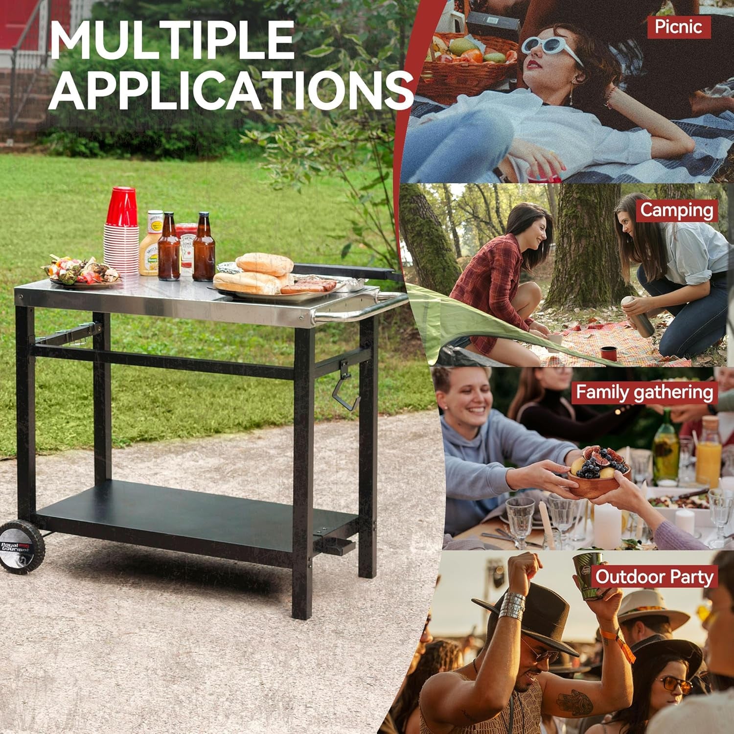 Dining Cart Table with Double-Shelf, Movable Stainless Steel Flattop Grill Cart, Hooks, Side Handle, Multifunctional PC3401S (Silver)