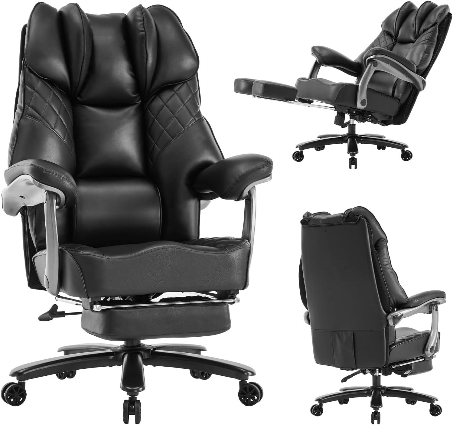 Big and Tall Office Chair 400Lbs for Heavy People, Wide Executive Office Chair with Foot Rest, High Back Ergonomic Desk Chairs Lumbar Support for Lower Back Pain, Leather Black