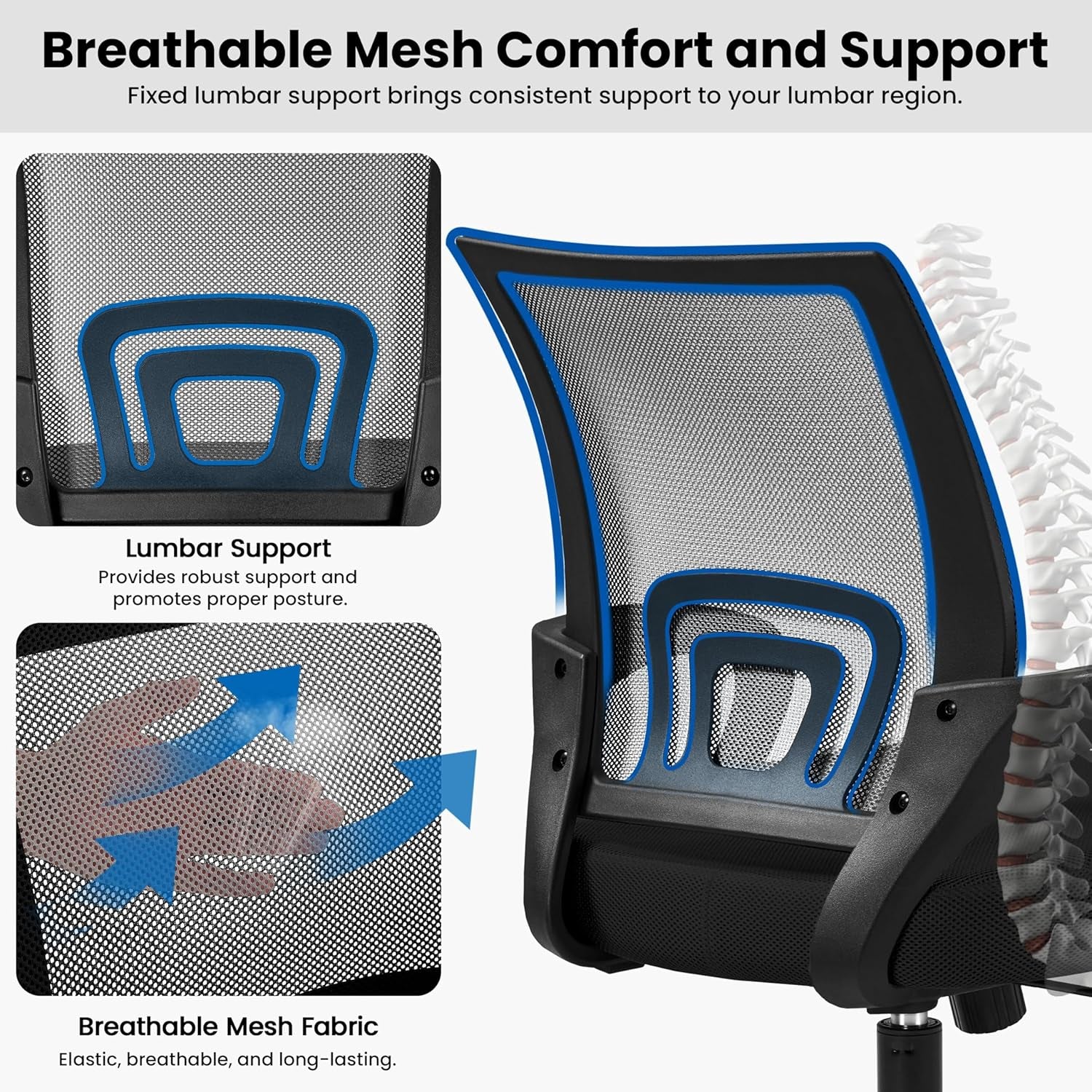 Mid-Back Mesh Office Chair Adjustable Ergonomic Computer Task Chair Swivel Rolling with Lumbar Support Armrest for Home Office Work Study, Black