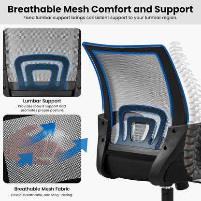 Mid-Back Mesh Office Chair Adjustable Ergonomic Computer Task Chair Swivel Rolling with Lumbar Support Armrest for Home Office Work Study, Black
