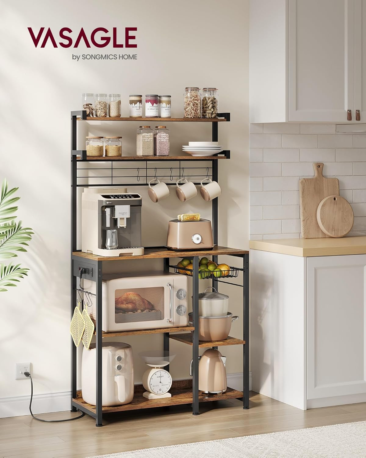 Baker'S Rack, Microwave Stand, Kitchen Storage Rack with Wire Basket, 6 Hooks, and Shelves, for Spices, Pots, and Pans, Charcoal Gray and Ink Black UKKS035B04