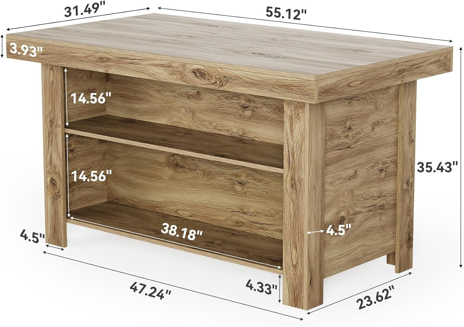 55 Inches Kitchen Island with Storage, 3-Tier Farmhouse Wooden Stationary Island Table with Large Worktop & Leg Room, Modern Coffee Bar Table with Storage Shelf for Kitchen, Oak