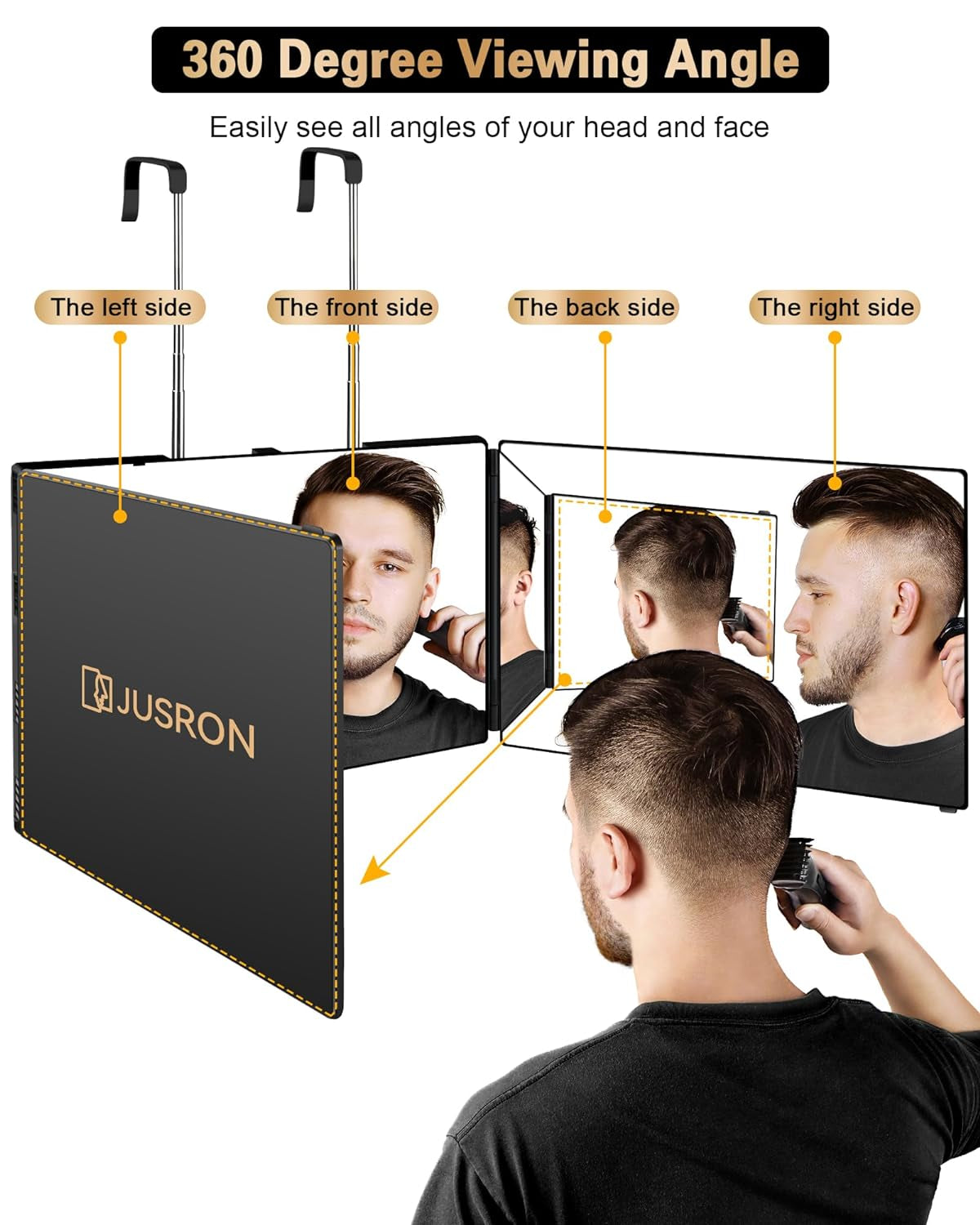 360 Viewing Angle Self Hair Cutting Mirror, Clear Anti-Fog HD Glass (Black without LED without Accessories)
