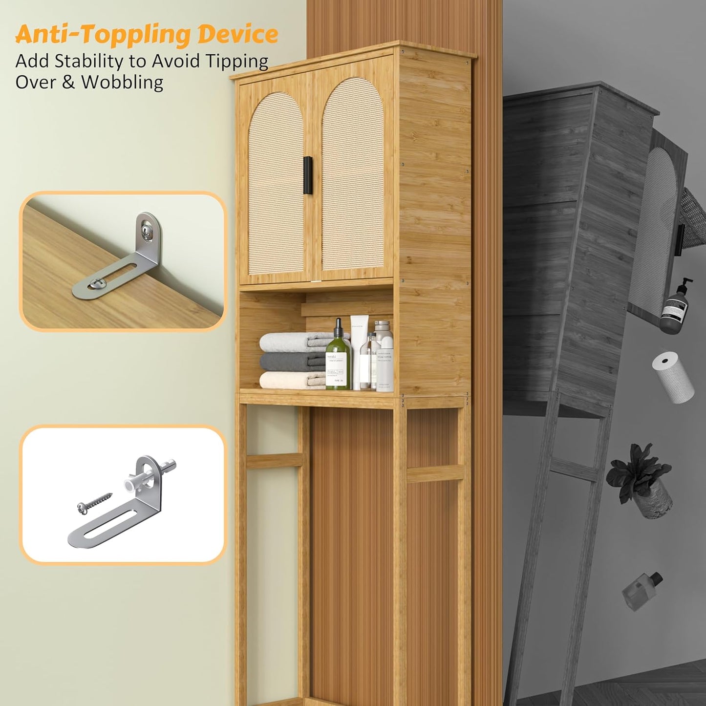 Bamboo over the Toilet Storage Cabinet, Bathroom Organizers and Storage with Inverted U-Shaped Door & Anti-Tip Device, Space Saver, Natural