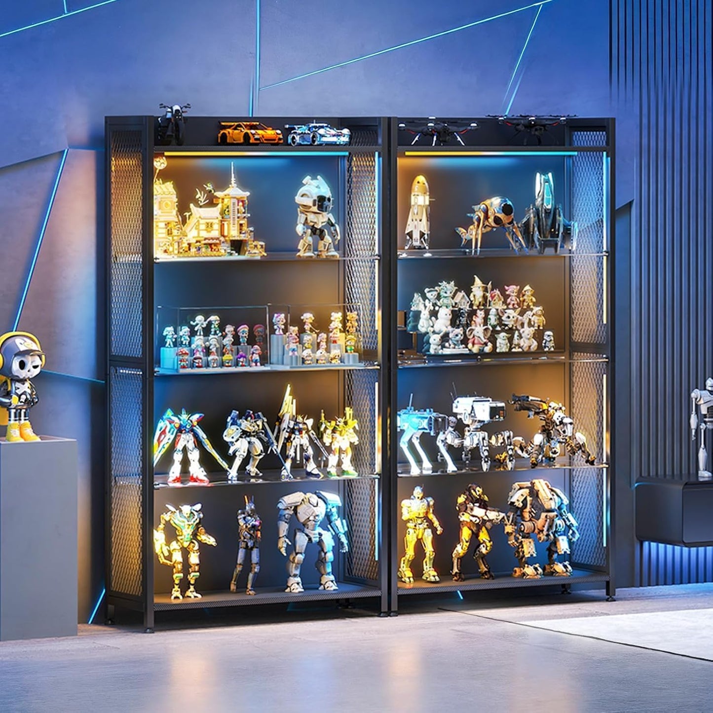 Display Case with LED Lights, Display Cabinet with Glass Storage Shelves and Industrial Metal Mesh, 4-Tier Display Shelf for Collectibles, Curio Cabinet with Open Shelf, Black