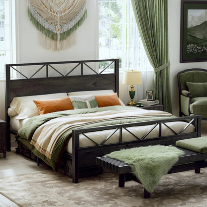 King Bed Frame, Tall Industrial Headboard 51.2 ", Platform Bed Frame with Strong Metal Support, Solid and Stable, Noise Free, No Box Spring Needed, Easy Assembly, Charcoal Grey