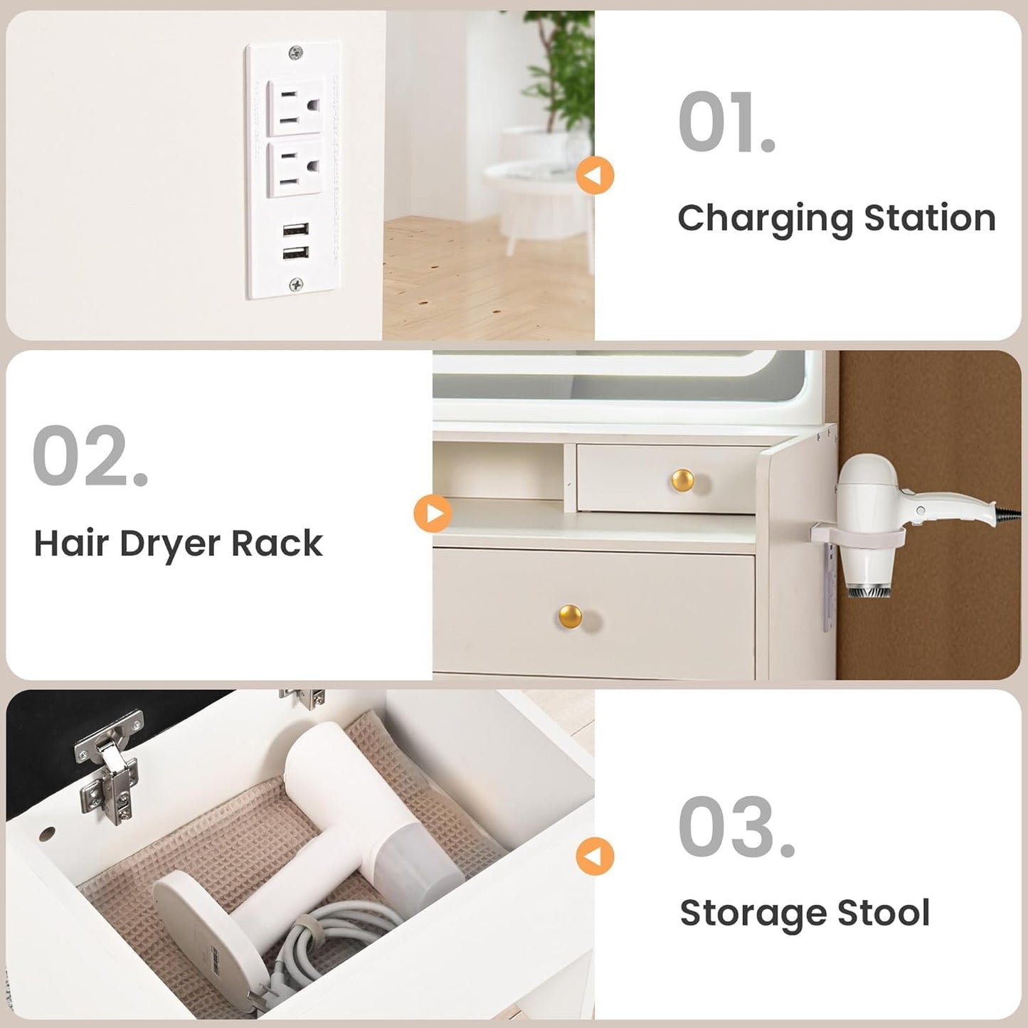 Vanity Desk with File Cabinet, 8 Drawers Makeup Vanity with Mirror and Lights,3 Lighting Modes Dressing Table with Chair, Power Outlet, Silent Slides, White