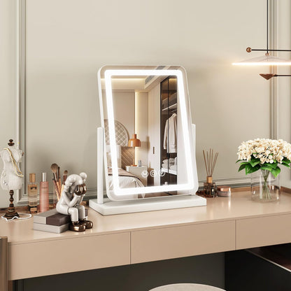 Vanity Mirror with Lights, 18"X13" Hollywood Lighted Makeup Mirror for Tabletop & Bedroom 3 Color Lighting Modes Smart Touch Control 360° Rotation Detachable