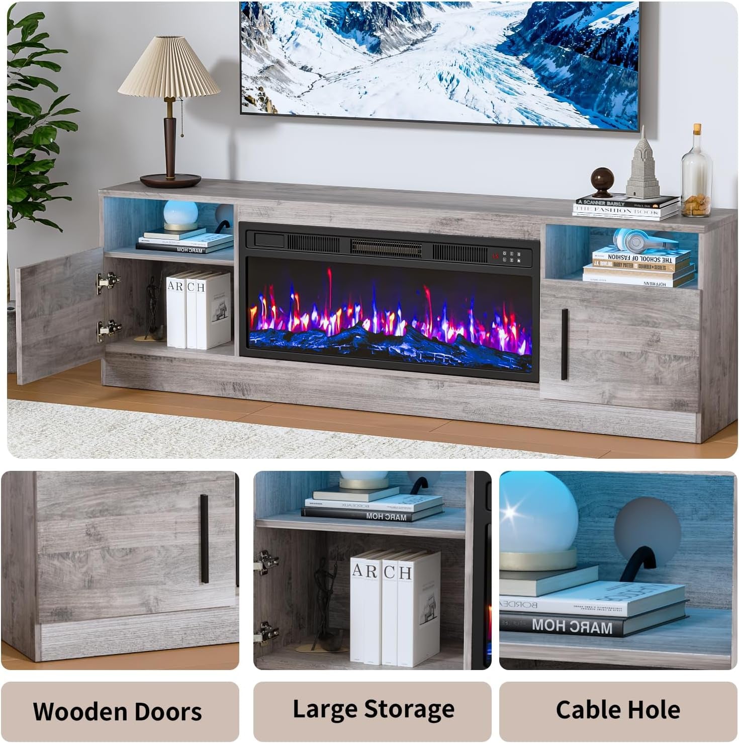 Fireplace TV Stand with 36" Fireplace up to 80" Tvs,70" Entertainment Center with LED Lights,Remote Control,Tv Media Console with Storage Cabinets for Living Room, Gray