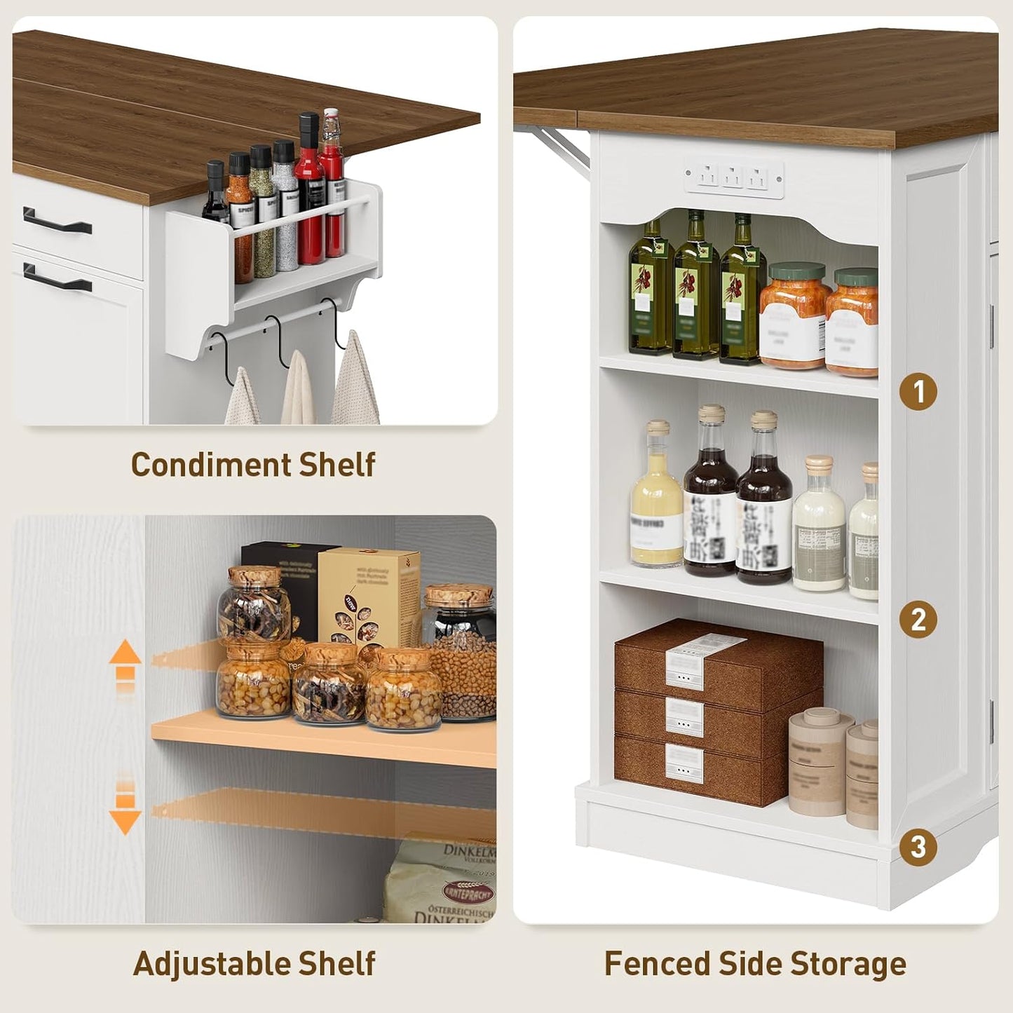 Kitchen Island with Power Outlet & Drop Leaf, Rolling Storage Cart with Trash Storage Cabinet,Farmhouse Mobile Island Table for Kitchen, Dining Room, Hidden Casters, White and Walnut