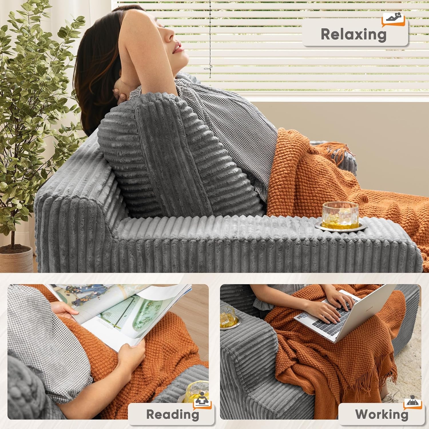 Oversized Chaise Lounge Chair, Cloud Couch with Fluffy Upholstered, Deep Seat Sleeper Sofa Bed with Two Cup Holders, Comfy Boneless Couch No Assembly Required for Living Room, Apartment (Grey)