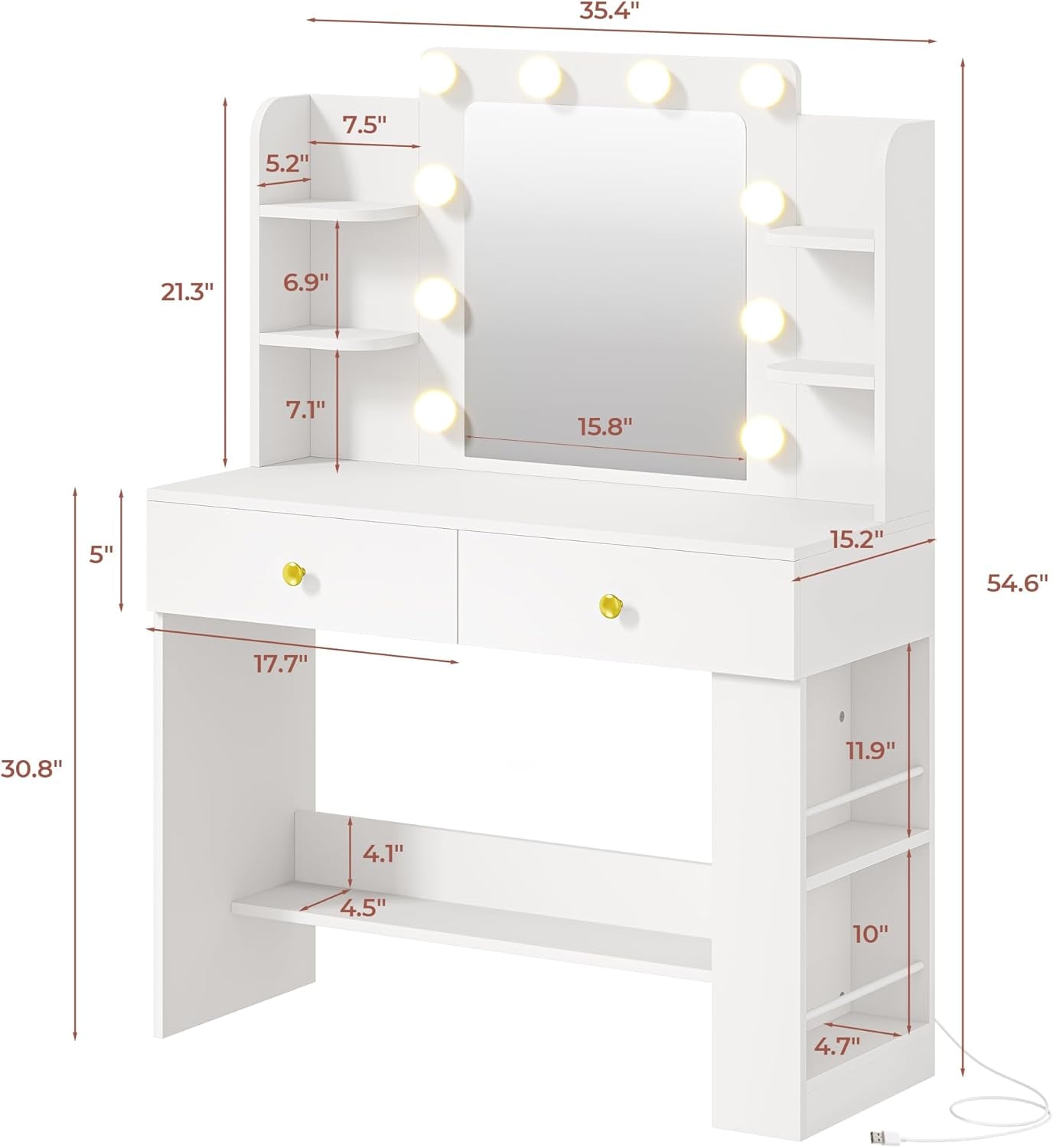 Vanity Desk with Mirror and Lights, Small Makeup Vanity Table with 3 Color Modes, 2 Drawers, 2 Side Shelves & Open Storage Shelves, Dressing Table for Bedroom,White