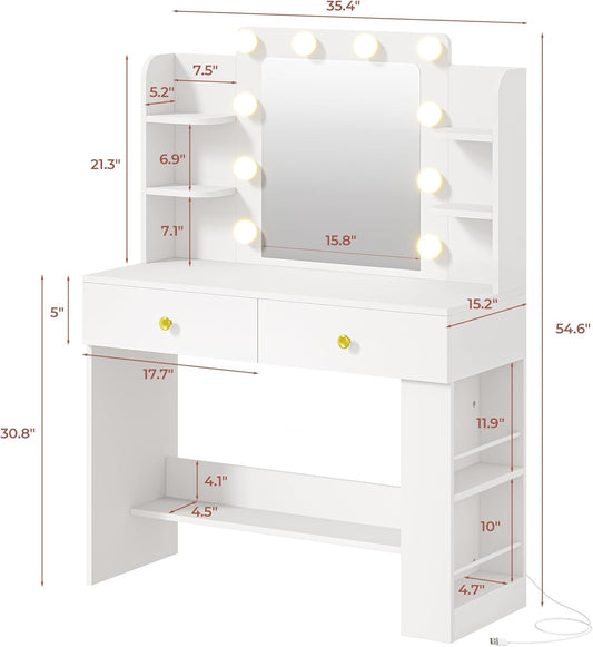 Vanity Desk with Mirror and Lights, Small Makeup Vanity Table with 3 Color Modes, 2 Drawers, 2 Side Shelves & Open Storage Shelves, Dressing Table for Bedroom,White