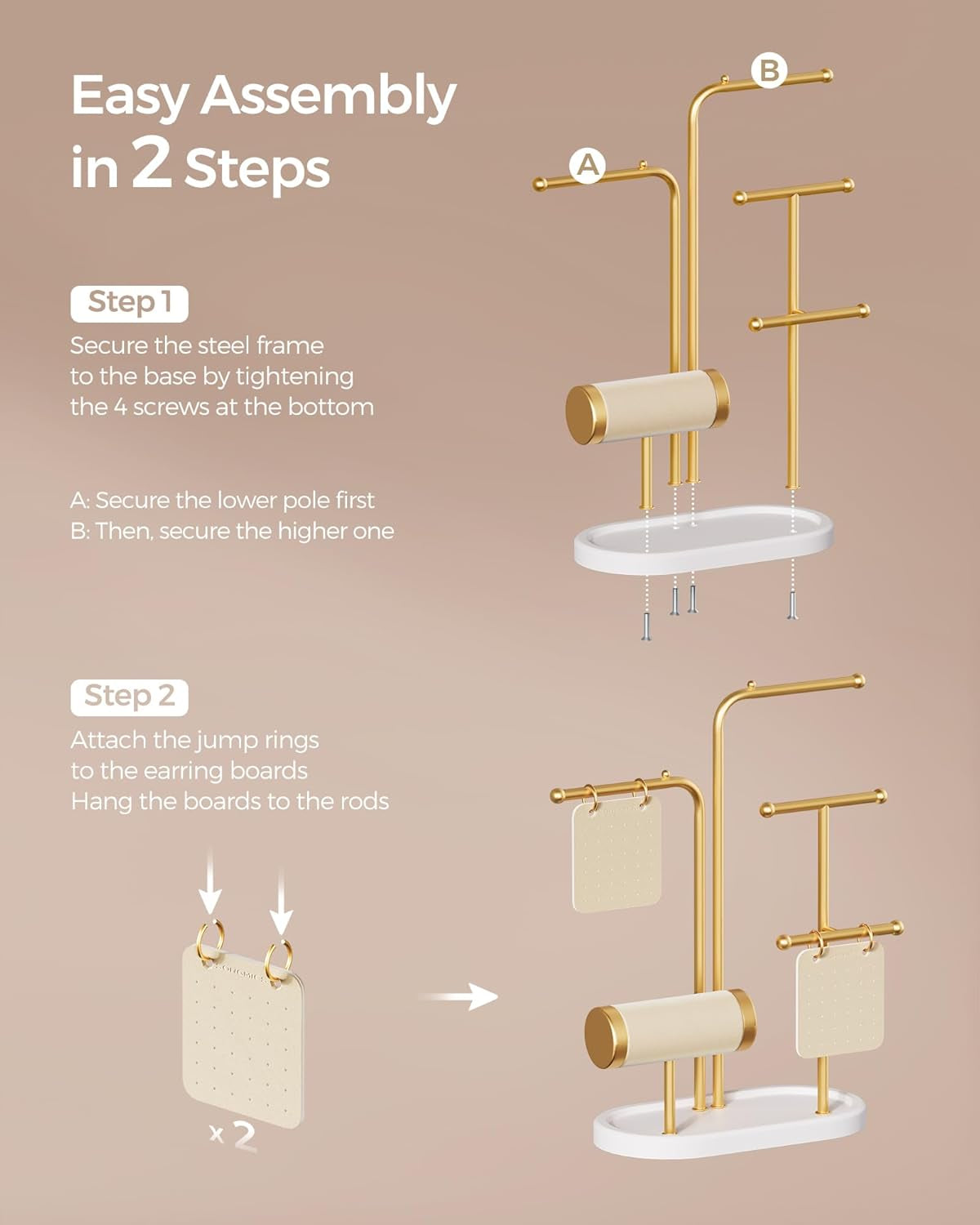 Jewelry Stand, Jewelry Organizer, Jewelry Display Holder with Metal Frame, 2 Earring Boards, 4 Hanging Rods, Necklace Earring Bracelet Holder, for Watches, Metallic Gold UJJS025A01