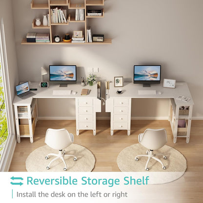 White L Shaped Computer Desk with Drawers & Storage Shelves, 47 Inch Corner Reversible Desk with Power Outlet for Home Office Bedroom, L-Shaped Teen PC Desks with Fabric Drawer, White
