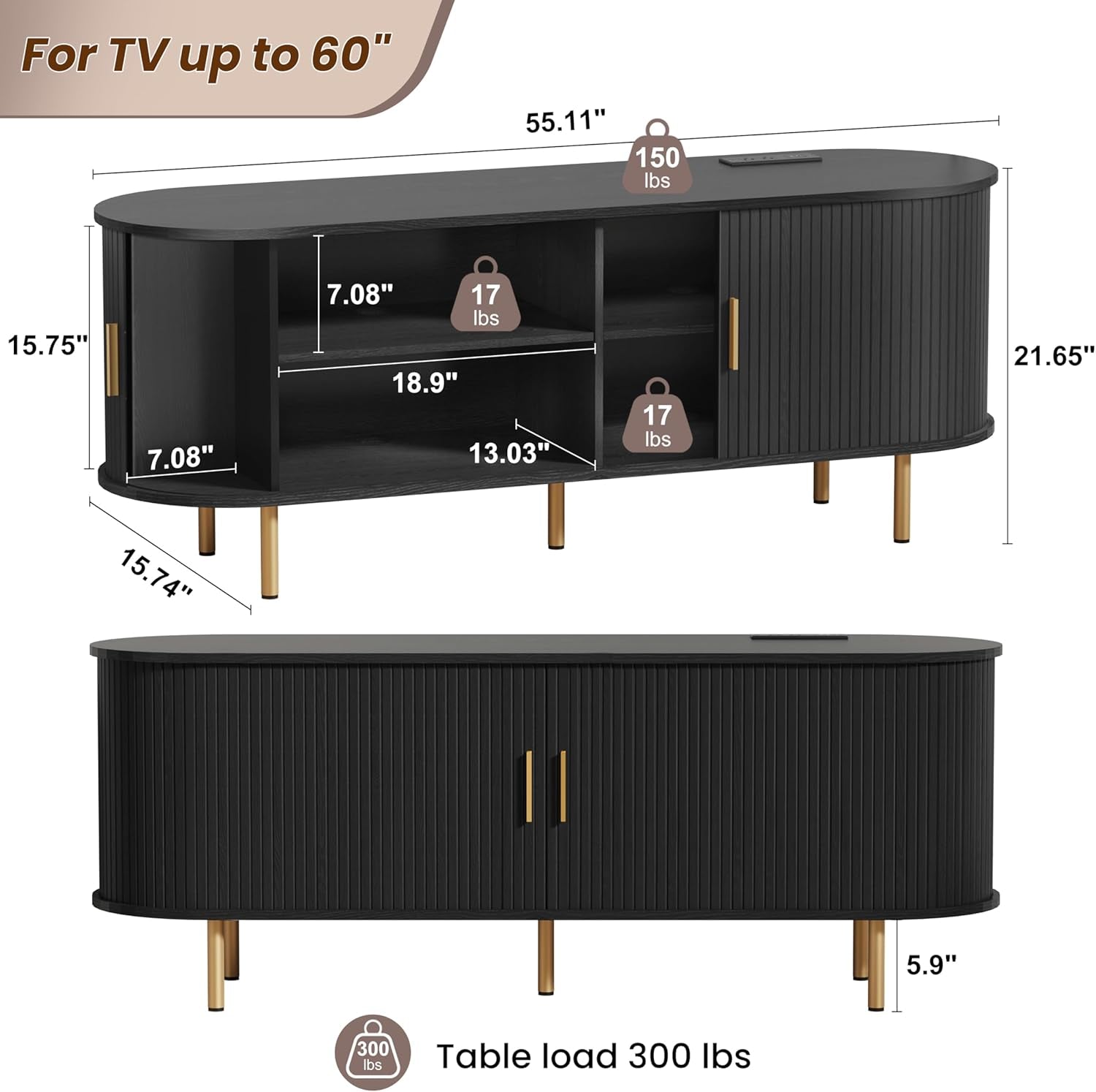 55 Inch Mid Century Modern TV Stand with Power Outlet for Tvs up to 60 Inch, Entertainment Center with Storage and Adjustable Shelves, Media Console with Sliding Doors for Living Room(Black)