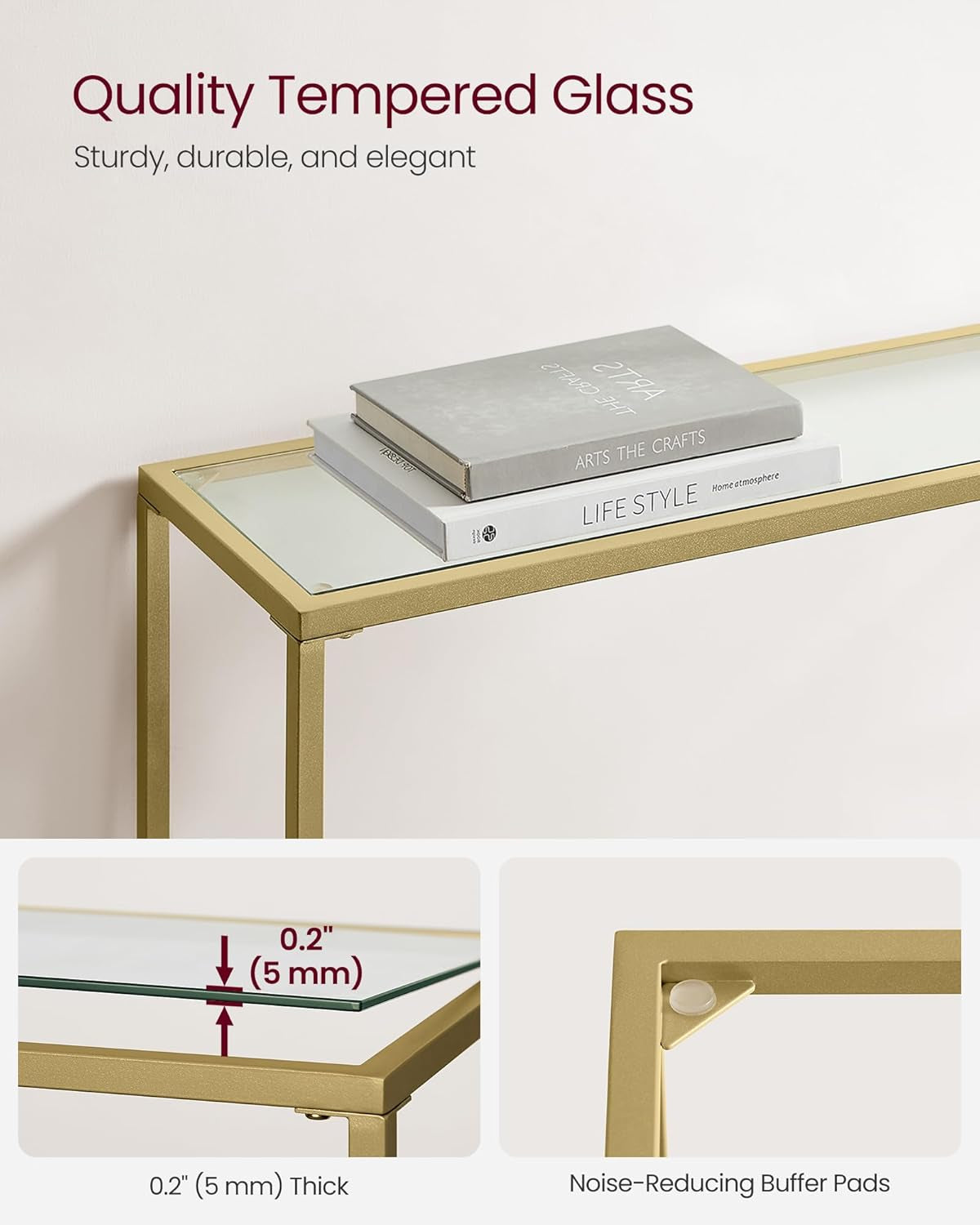 Entryway Table, Console Table, Tempered Glass Tabletop, Modern Sofa Table, Easy Assembly, with Adjustable Feet, for Living Room, Entryway, Pale Gold and Transparent ULGT132A01
