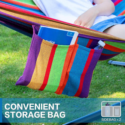 Double Hammocks with Stand for Outside, Portable Space Saving Heavy-Duty Steel Stand for Indoor Outdoor Patio, 450 Lbs Capacity (Tropical)