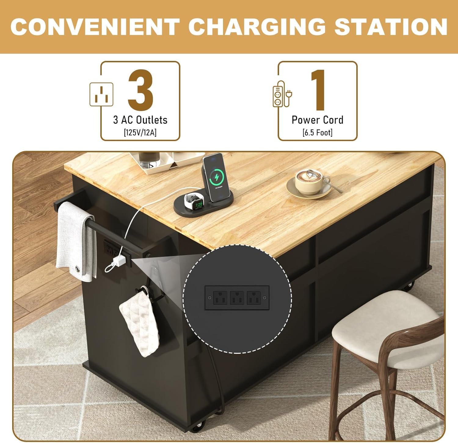 59" W Rolling Kitchen Island with Drop Leaf, Movable Kitchen Carts on Wheels Island with Storage Cabinet&Charging Station, Island Table for Kitchen W/Rubber Wood Top, Rack, Hook, Drawers, Black