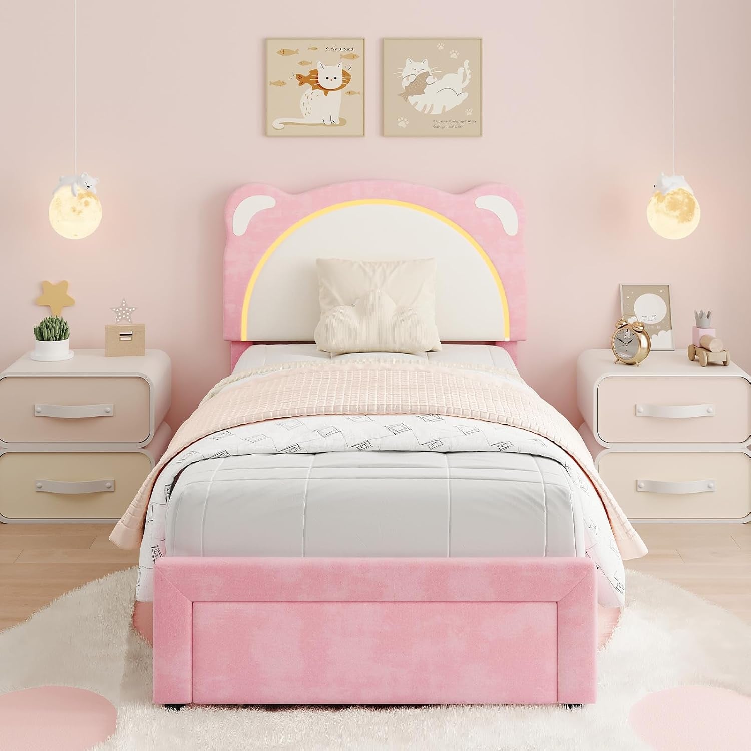 Twin Size LED Bed Frame with Storage Drawers,Adjustable Headboard with Cute Bear Design,Soft Velvet Fabric Bed Frame for Kids,Solid Wood Slat Support,Noise-Free,Easy Assembly,Pink