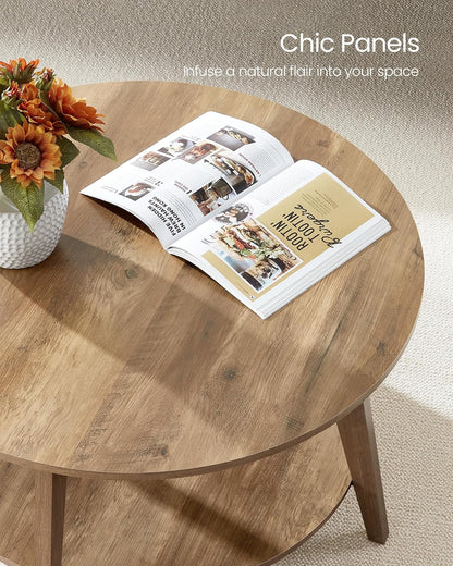 MAEZO Collection - round Coffee Table, 2-Tier Center Table with Storage, Tapered Legs, Curved Transitions, 31.5 Dia. X 17.7 H Inches, Easy Assembly, for Living Room, Honey Brown ULCT243K41