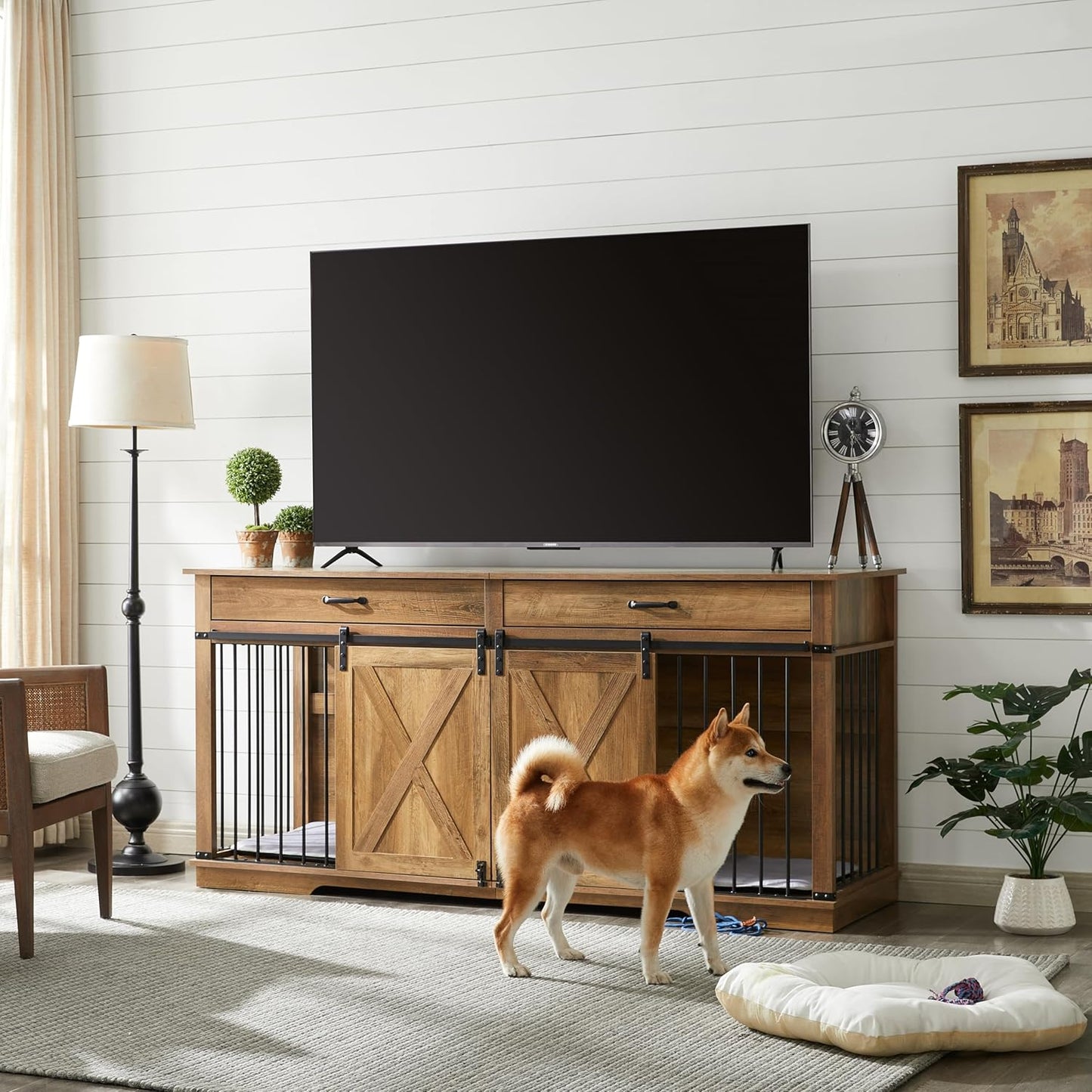 Extra Large Furniture Style Double Dog Crates, 72.5" Farmhouse Wooden Dog Kennel Furniture with Drawers, Divider, Water Resistant & Barn Door for 2 Dogs, Rustic Oak