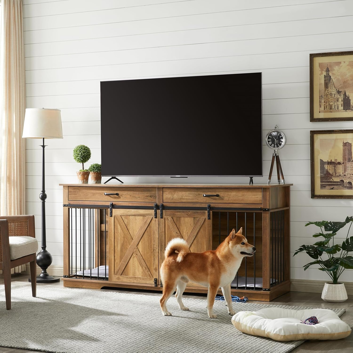 72.5" Extra Large Furniture Style Double Dog Crates for Large Breeds, XXL Wooden Dog Kennel Furniture with Drawers, Divider, Water Resistant & Barn Door for 2 Dogs, White