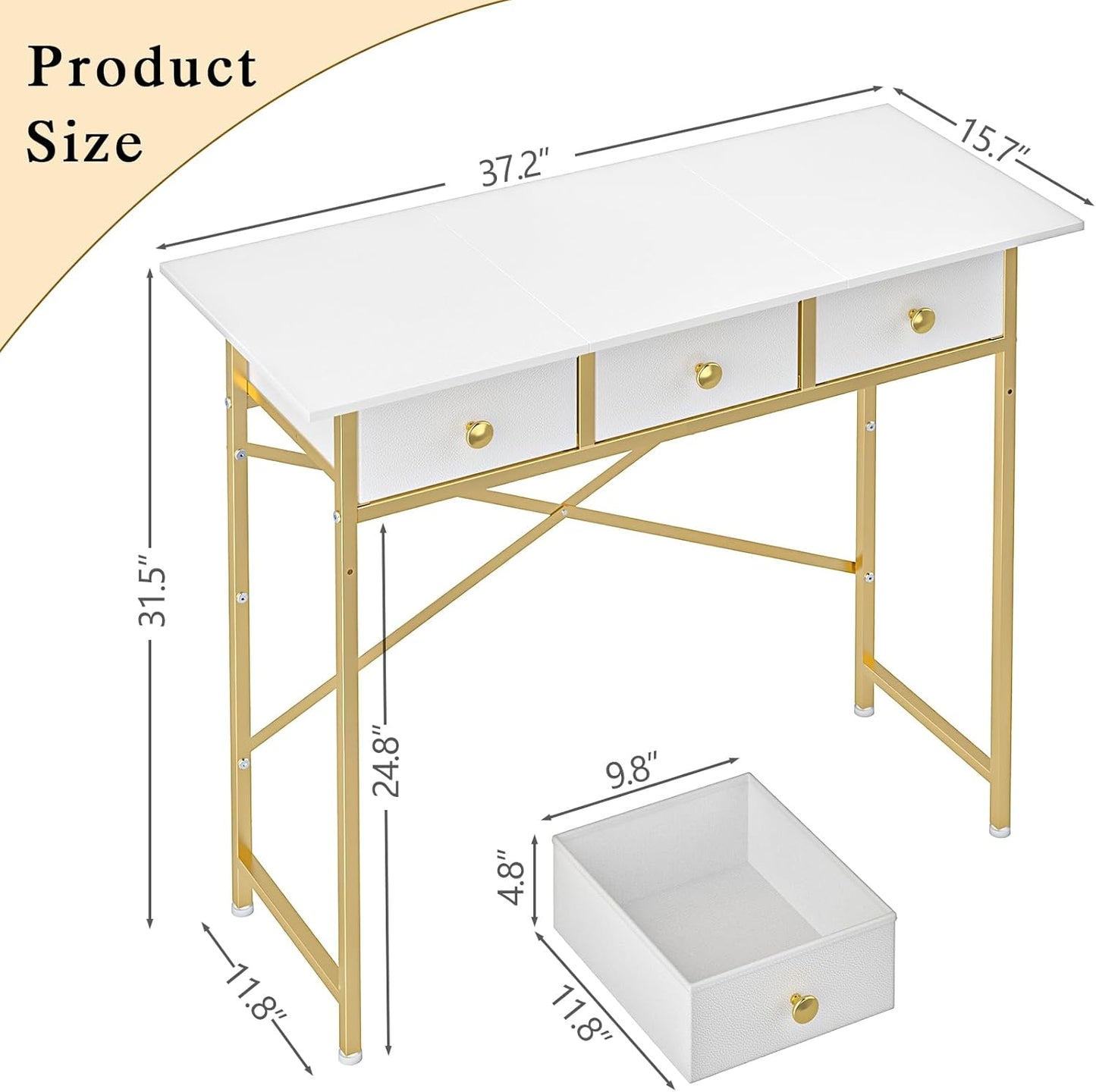 Small Makeup Vanity Desk No Mirror, 37.2 Inch Vanity Desk with 3 Drawers, Girls Vanity Dressing Table for Bedroom, Small Vanity for Small Spaces, White and Gold