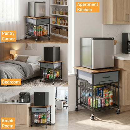 Mini Fridge Stand, Heavy-Duty End Table Fridge Table with Storage, Small Refrigerator Stand with Rolling Wheels for Dorm, Kitchen,Pantry