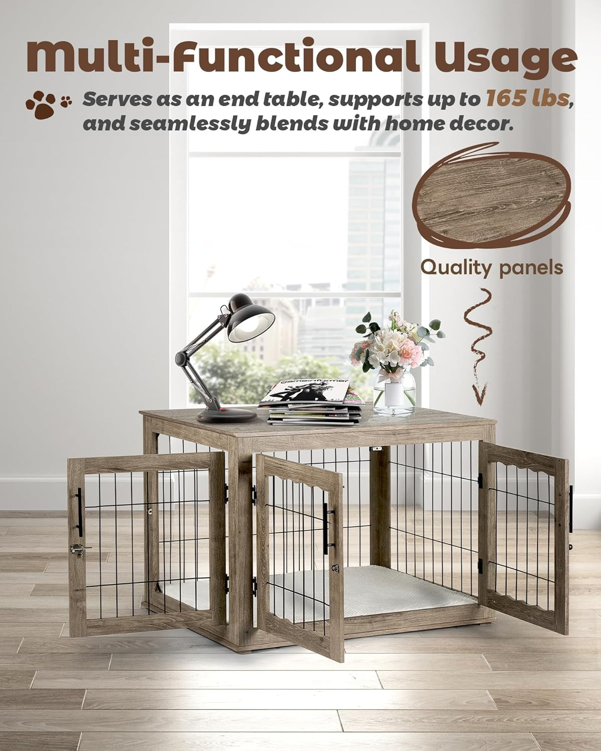 Dog Crate Furniture, 32 Inch Medium Dog Crates with Bed Mat, Wooden Dog Kennel Furniture, End Side Table Dog Cage with 3 Doors, Greige