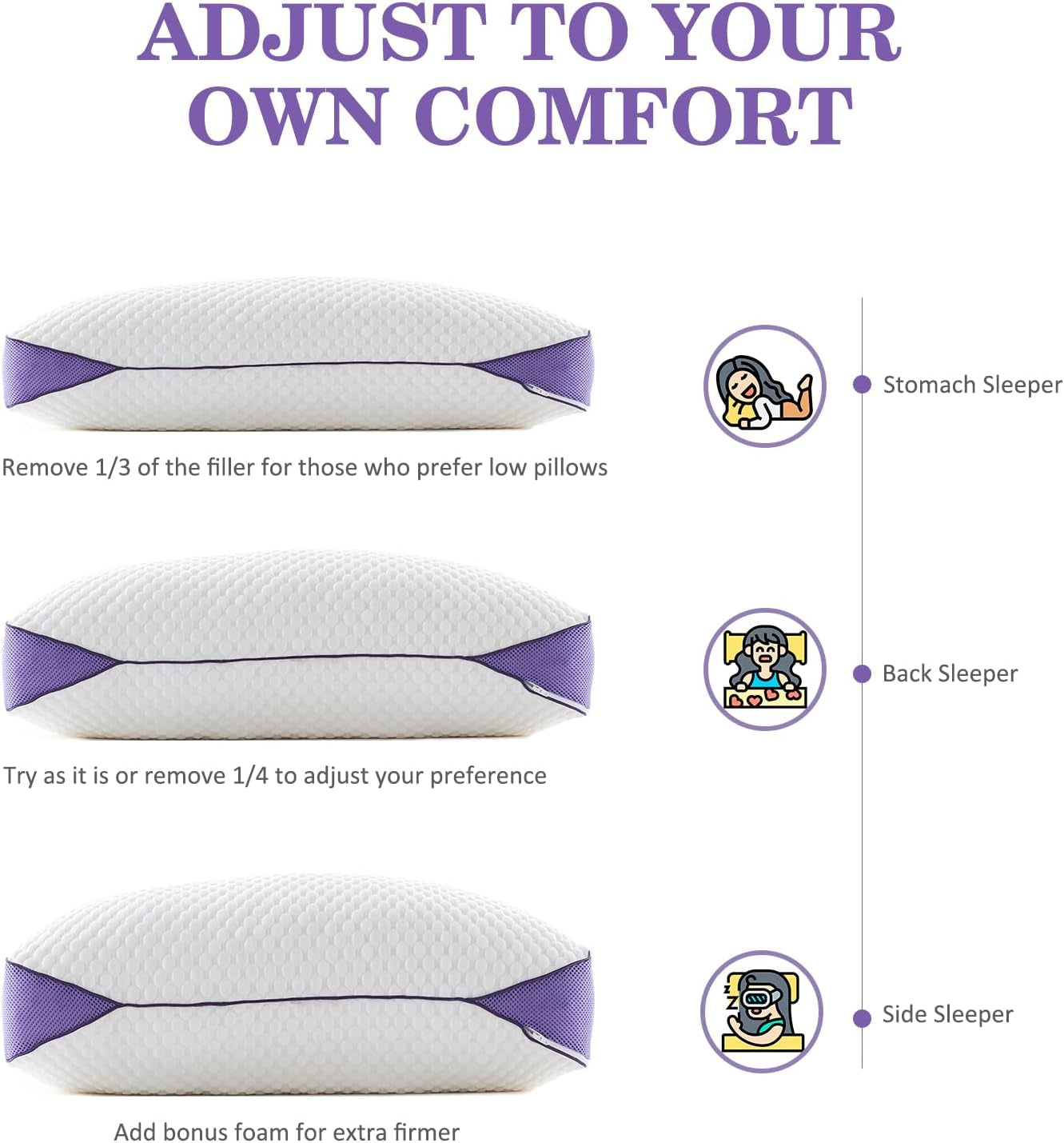 Adjustable Shredded Memory Foam Pillow Queen Size, Cooling Bed Pillow for Sleeping with Removable Cover, Medium Pillow for Side Stomach & Back Sleepers, 1 Pack 20"X28"