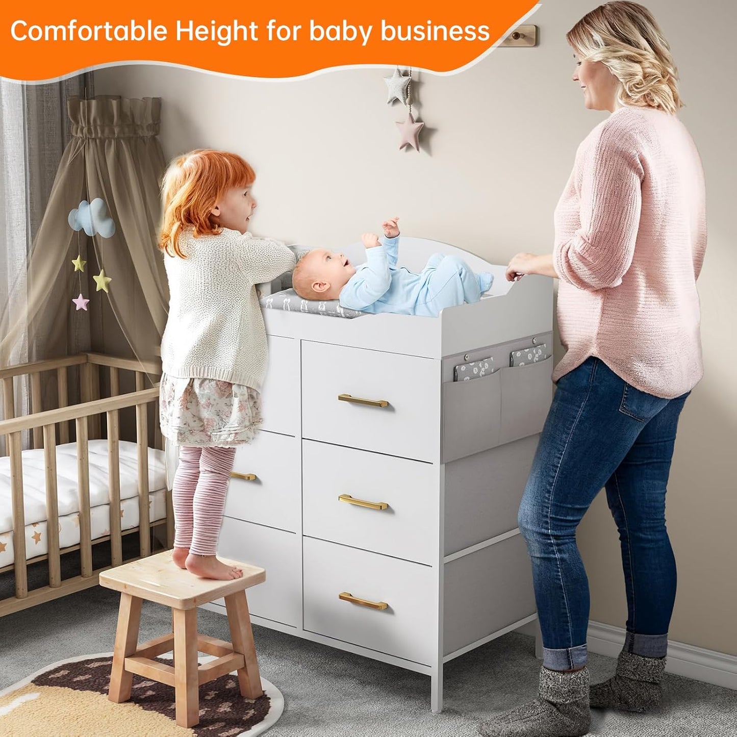 White Changing Table Dresser with 6 Fabric Drawers and Side Pockets, Nursery Dresser with Changing Top, Baby Dresser with Drawers, Diaper Changing Station for Nursery and Bedroom