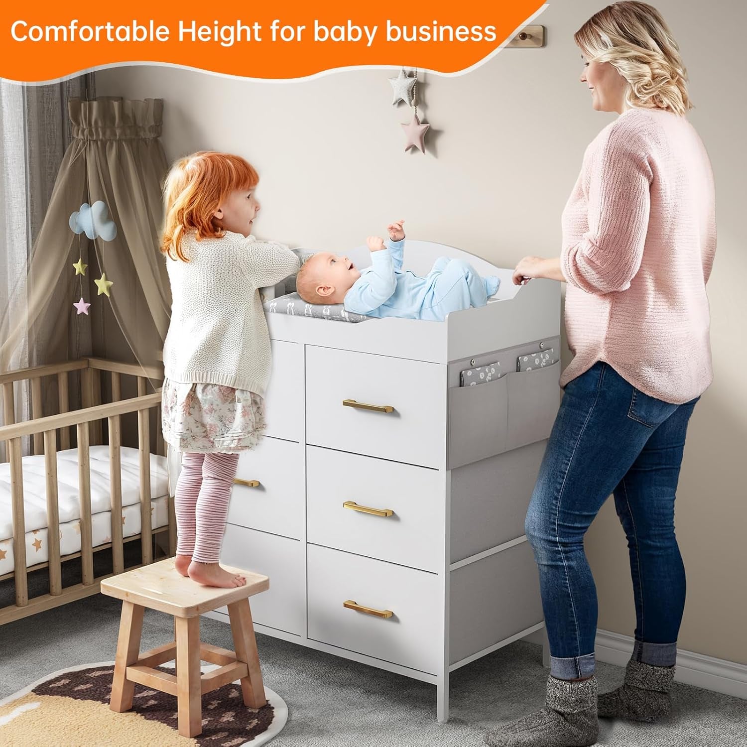 White Changing Table Dresser with 6 Fabric Drawers and Side Pockets, Nursery Dresser with Changing Top, Baby Dresser with Drawers, Diaper Changing Station for Nursery and Bedroom