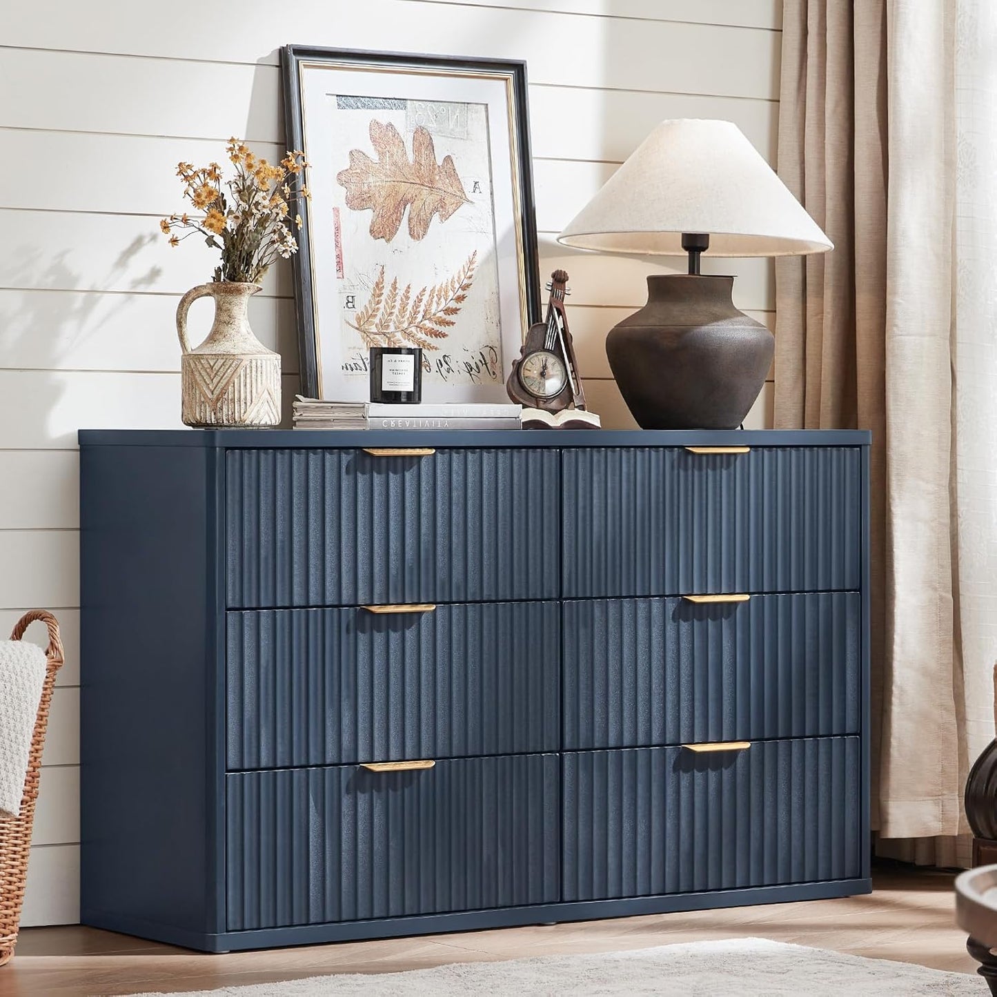 Fluted 6 Drawers Dresser for Bedroom, 48" Wide Modern Chest of Drawers with Metal Handle, Navy Blue Curved Profile Farmhouse Closet Organizer Wood Dressers TV Stand for Living Room, Hallway