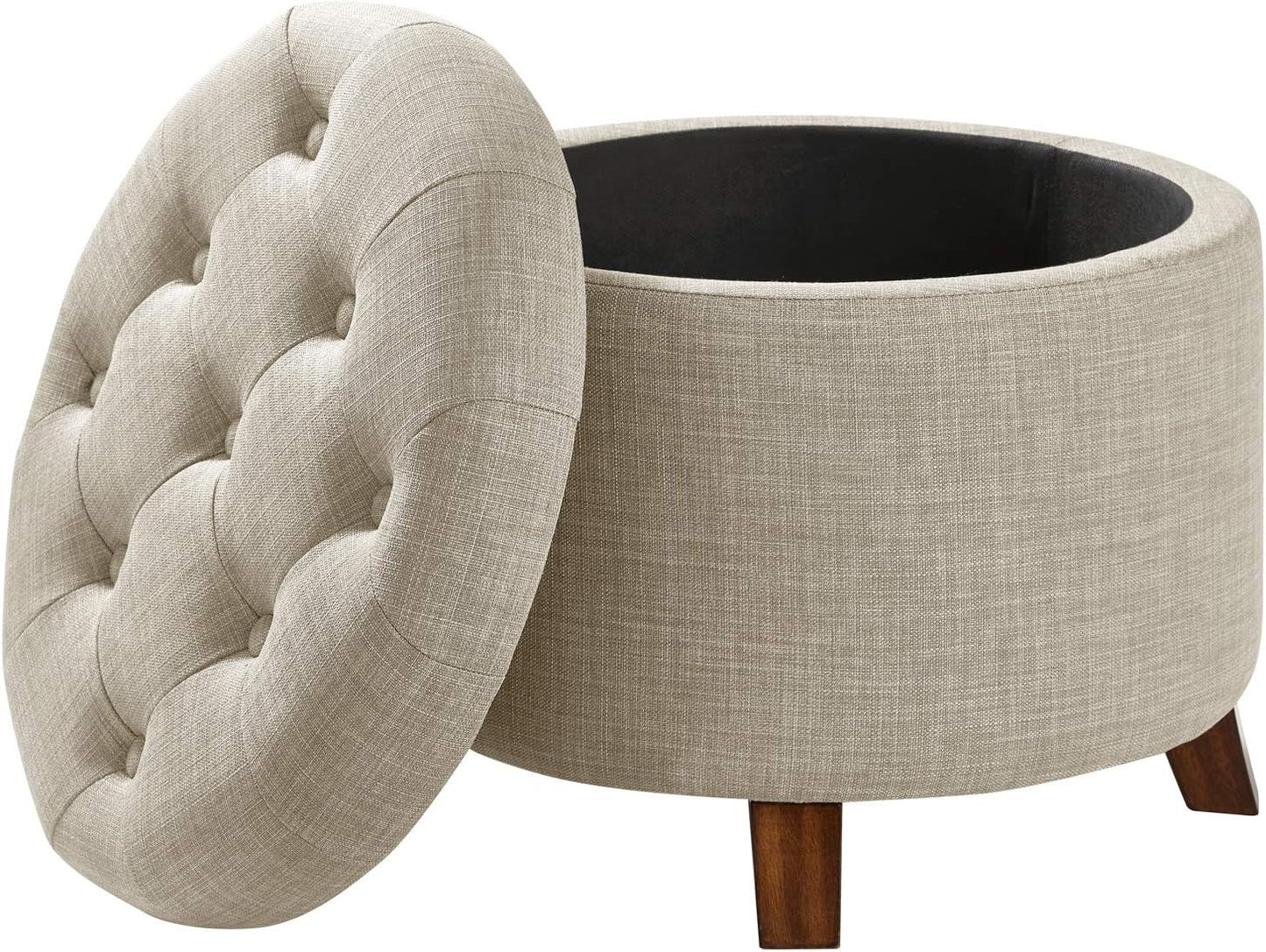 round Storage Ottoman Foot Rest, Button Tufted Upholstered Footstool with Storage, Sturdy Linen Fabric for Living Room and Bedroom, 20" X 17", Beige